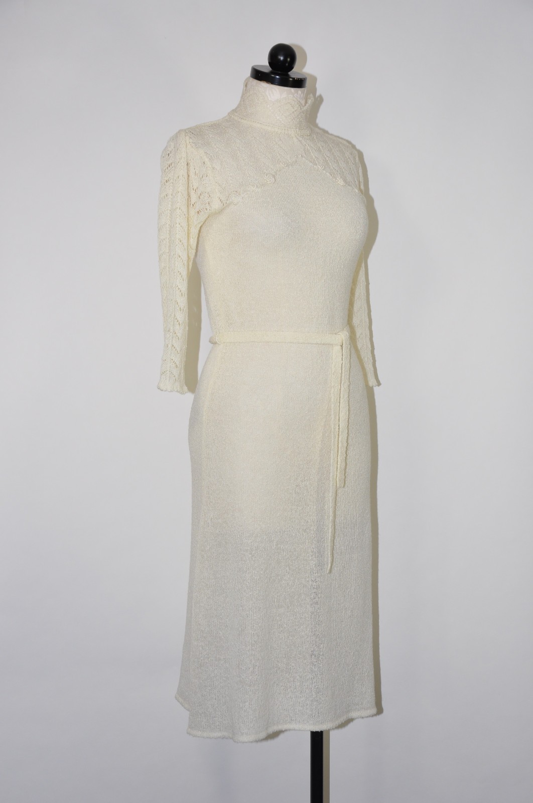70s Vintage Cream Off White Pointelle Knit High Neck Pearl Sweater Dress Women M