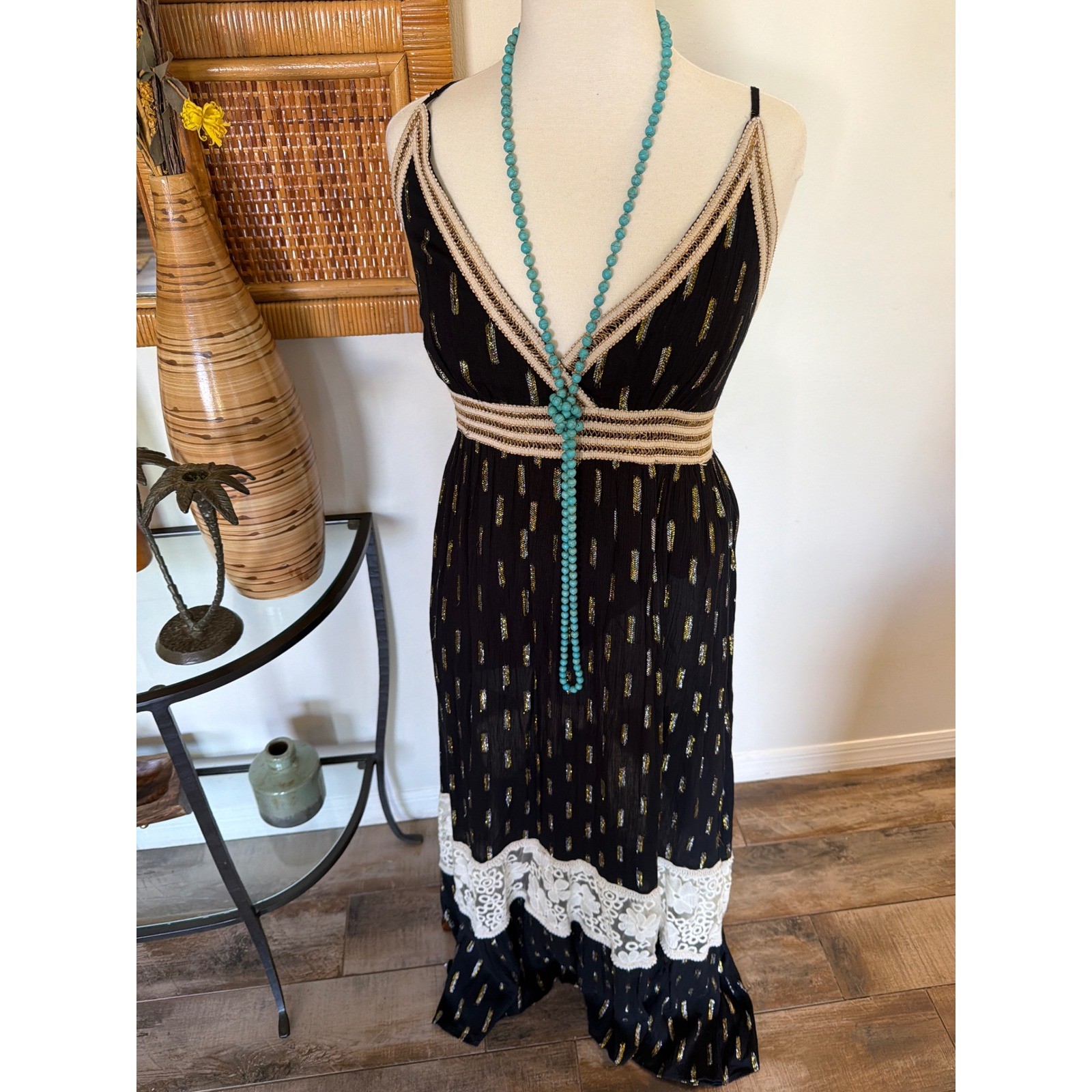NWOT Zury 100% Viscose Boho Maxi Dress Free Size Gold Metallic & Black Smocked