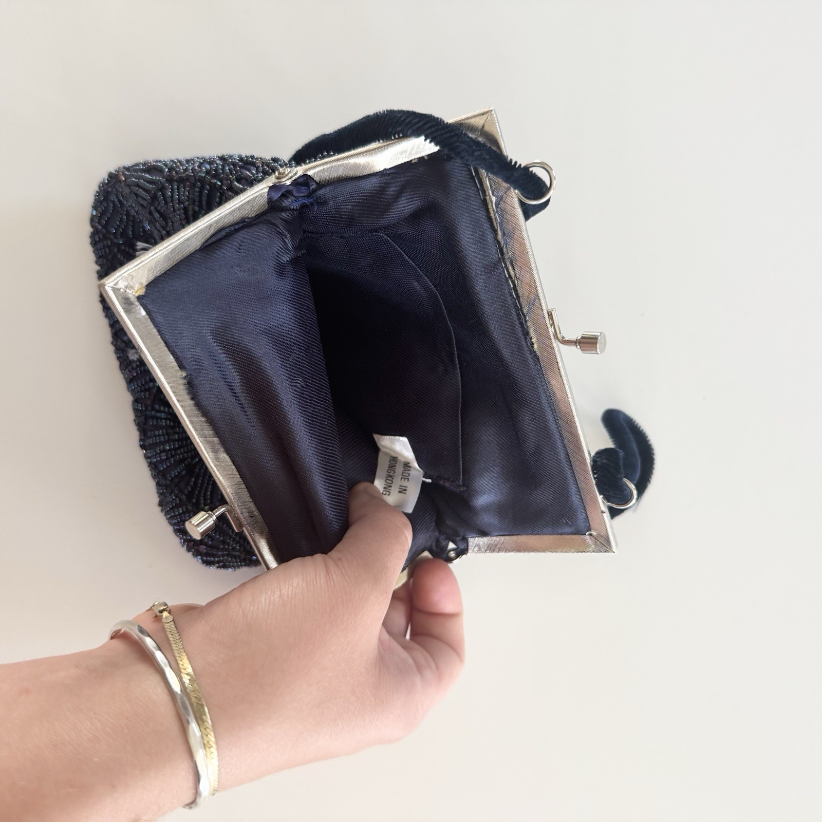 Vintage Navy Blue Beaded Evening Purse With Multi Use Strap Made In China
