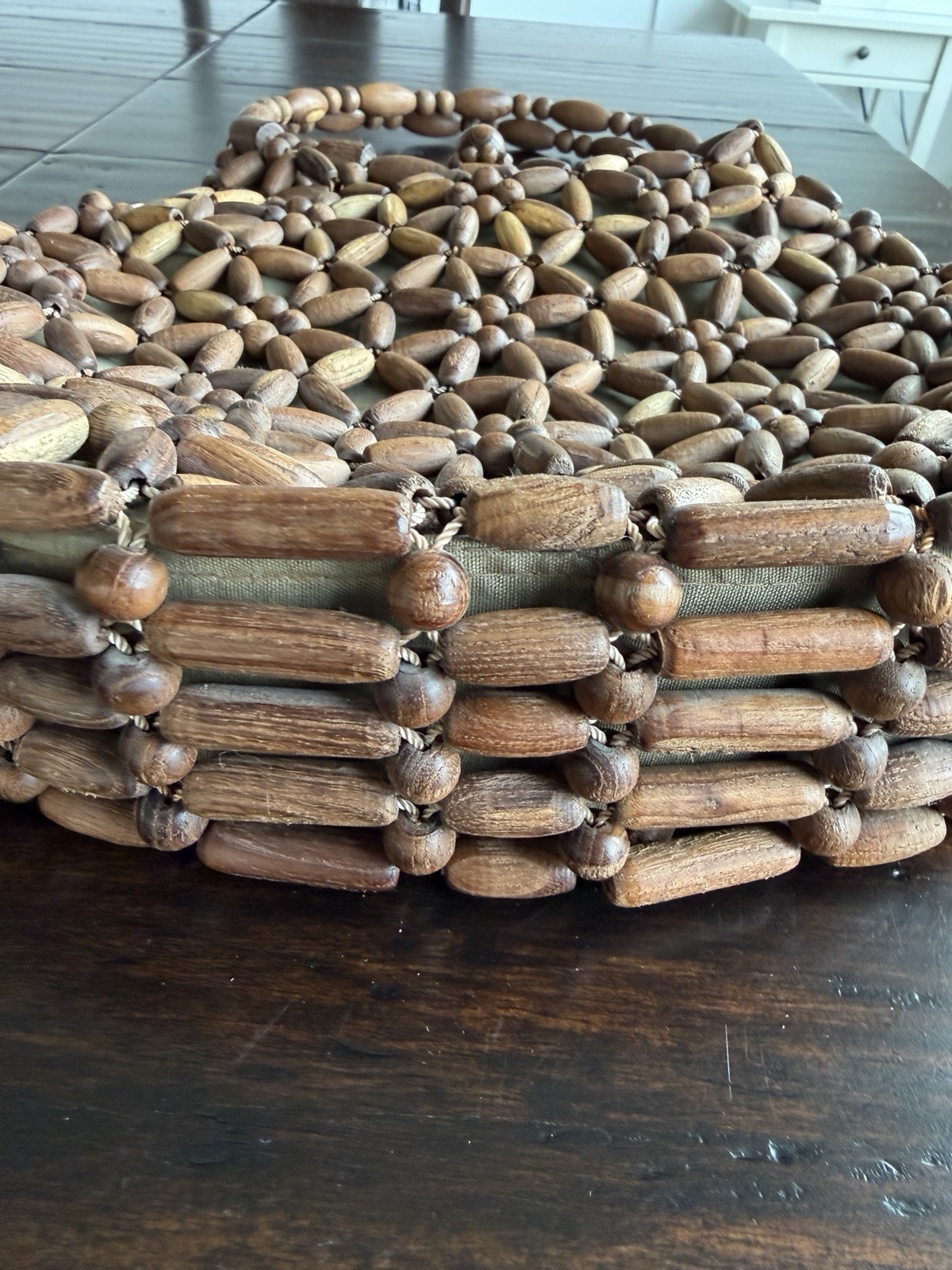 Vintage Wooden Bead Hobo Handbag Retro Boho Beaded Hand Crafted Purse Starburst