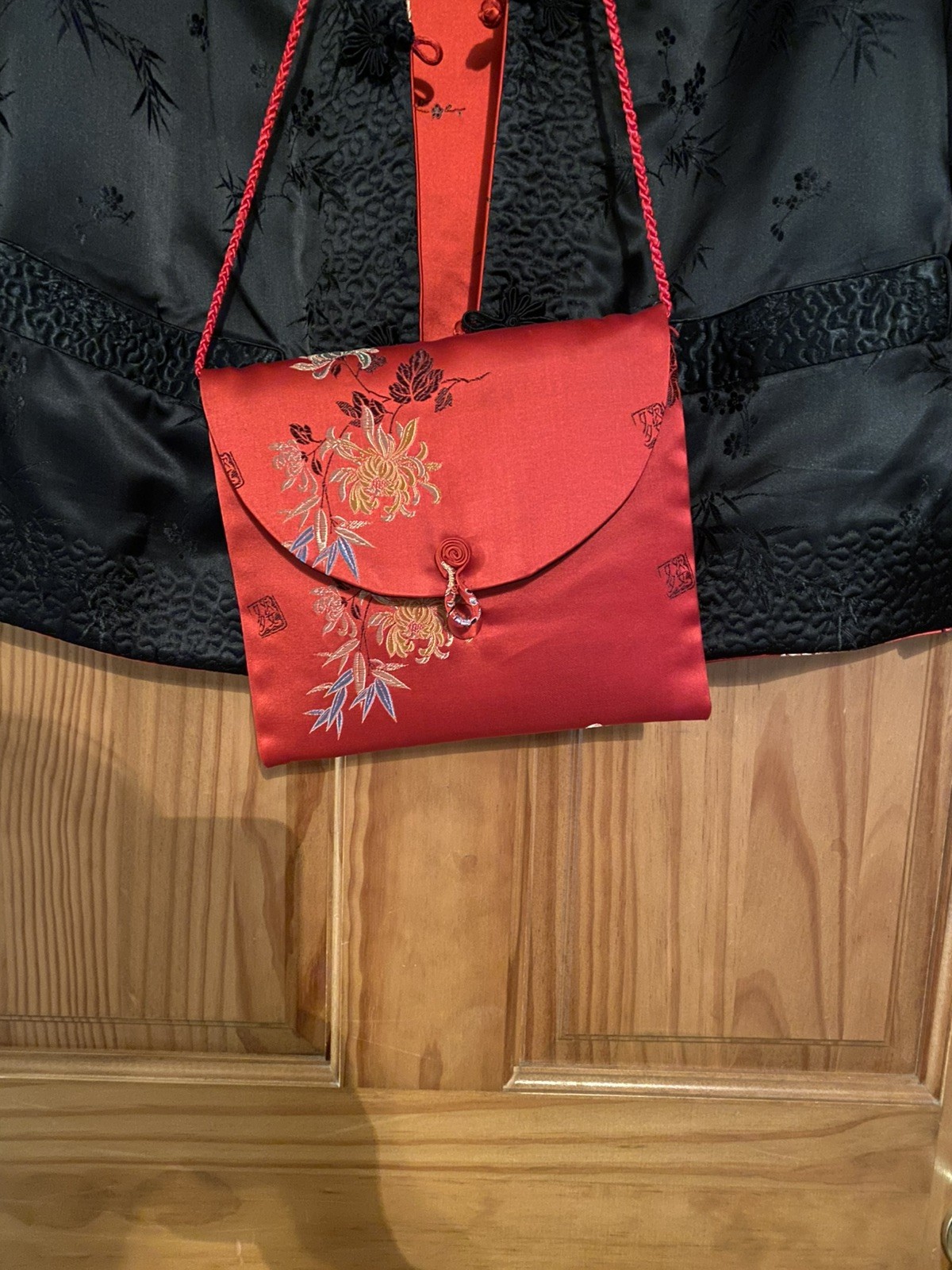Vintage Chinese Silk Floral Red Black Jacket Reversible Peony Brand L with bag