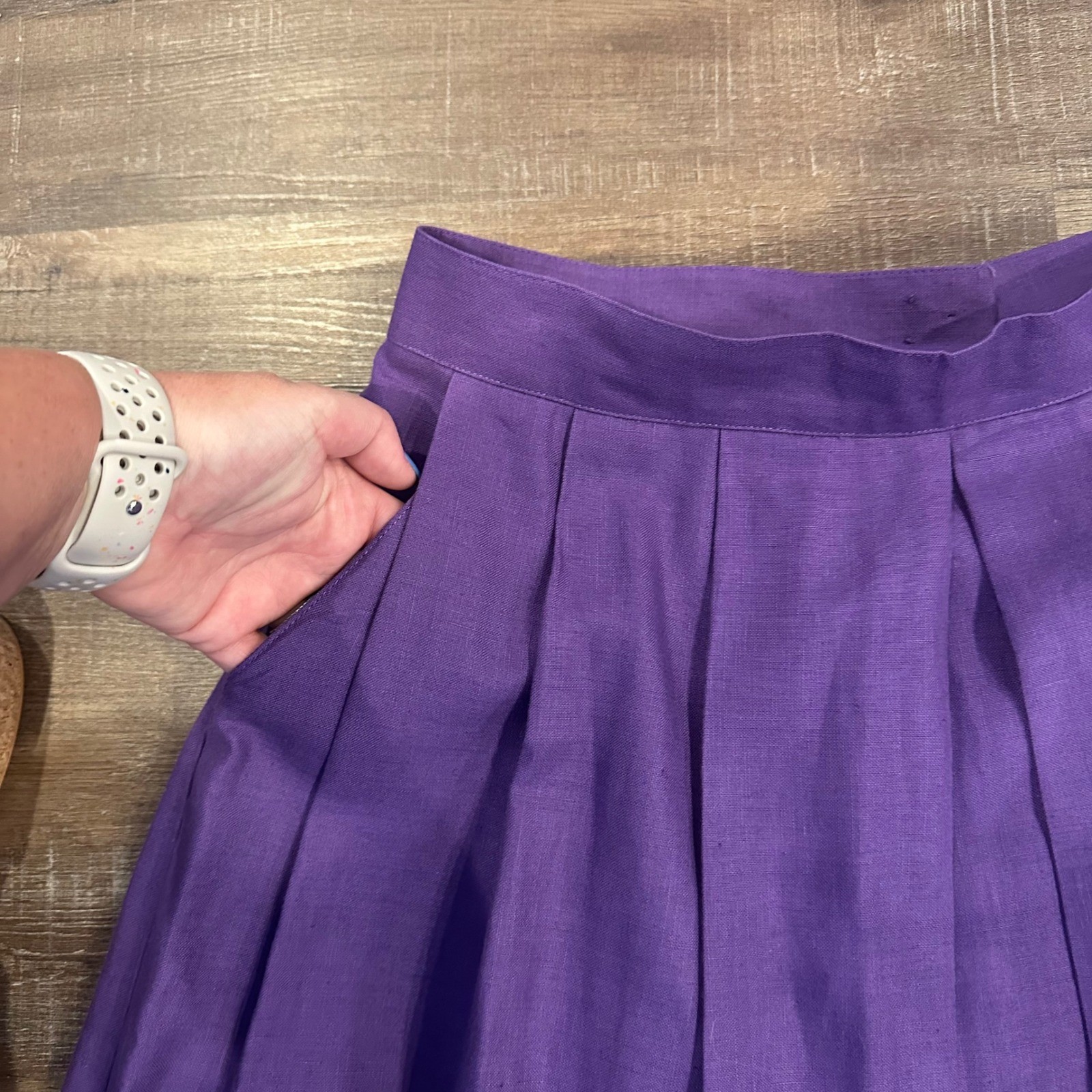 Vintage Purple Cotton Linen Pleated Midi Skirt Pockets Grape M/L Modest Office