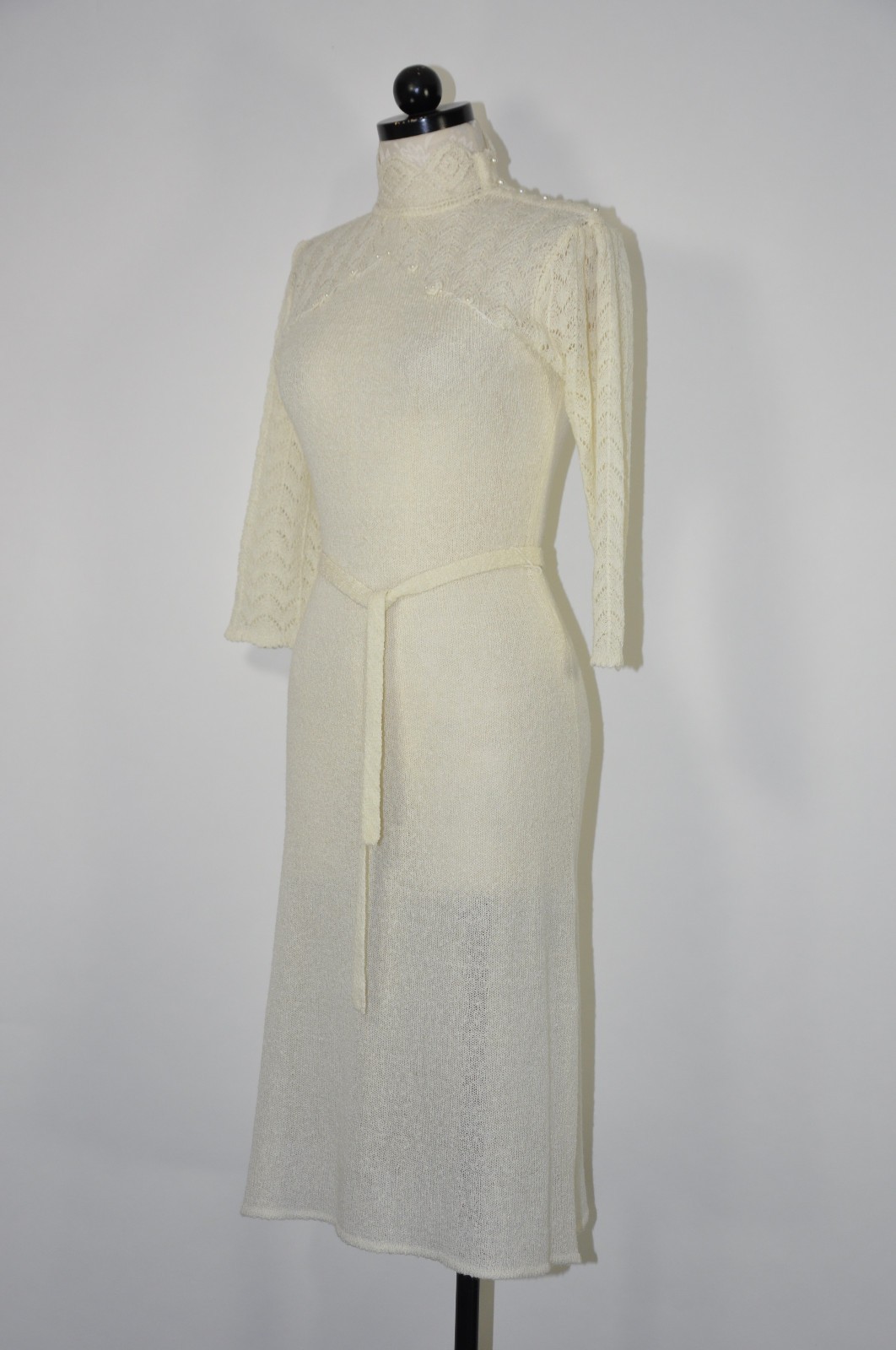 70s Vintage Cream Off White Pointelle Knit High Neck Pearl Sweater Dress Women M