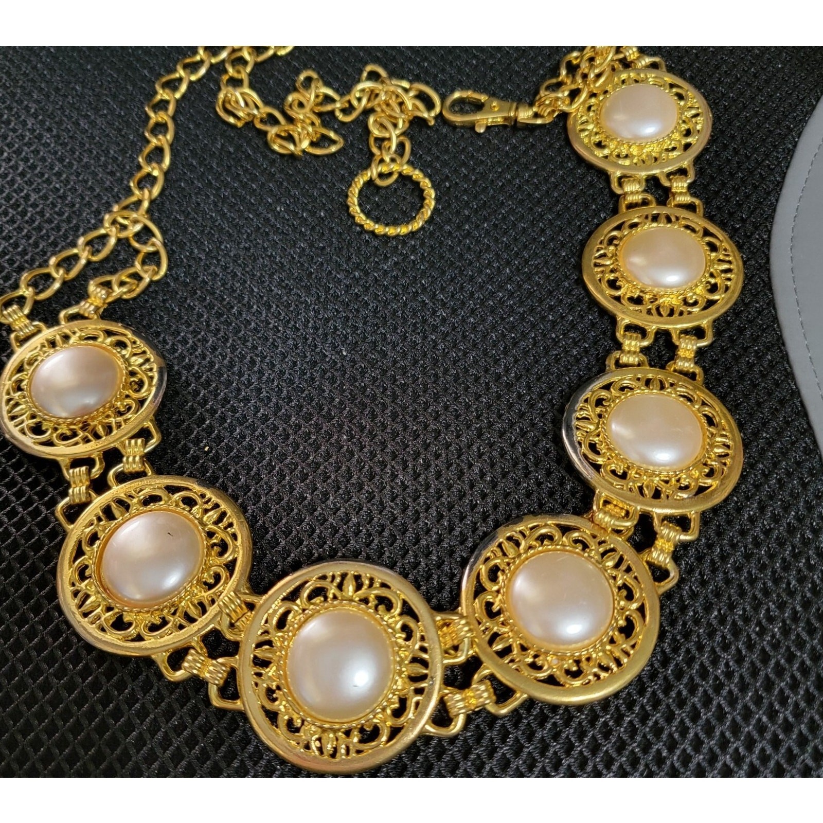 Vintage Harwill NY Ornate Faux Pearl & Gold-tone Adjustable Belt, 1980s Runway