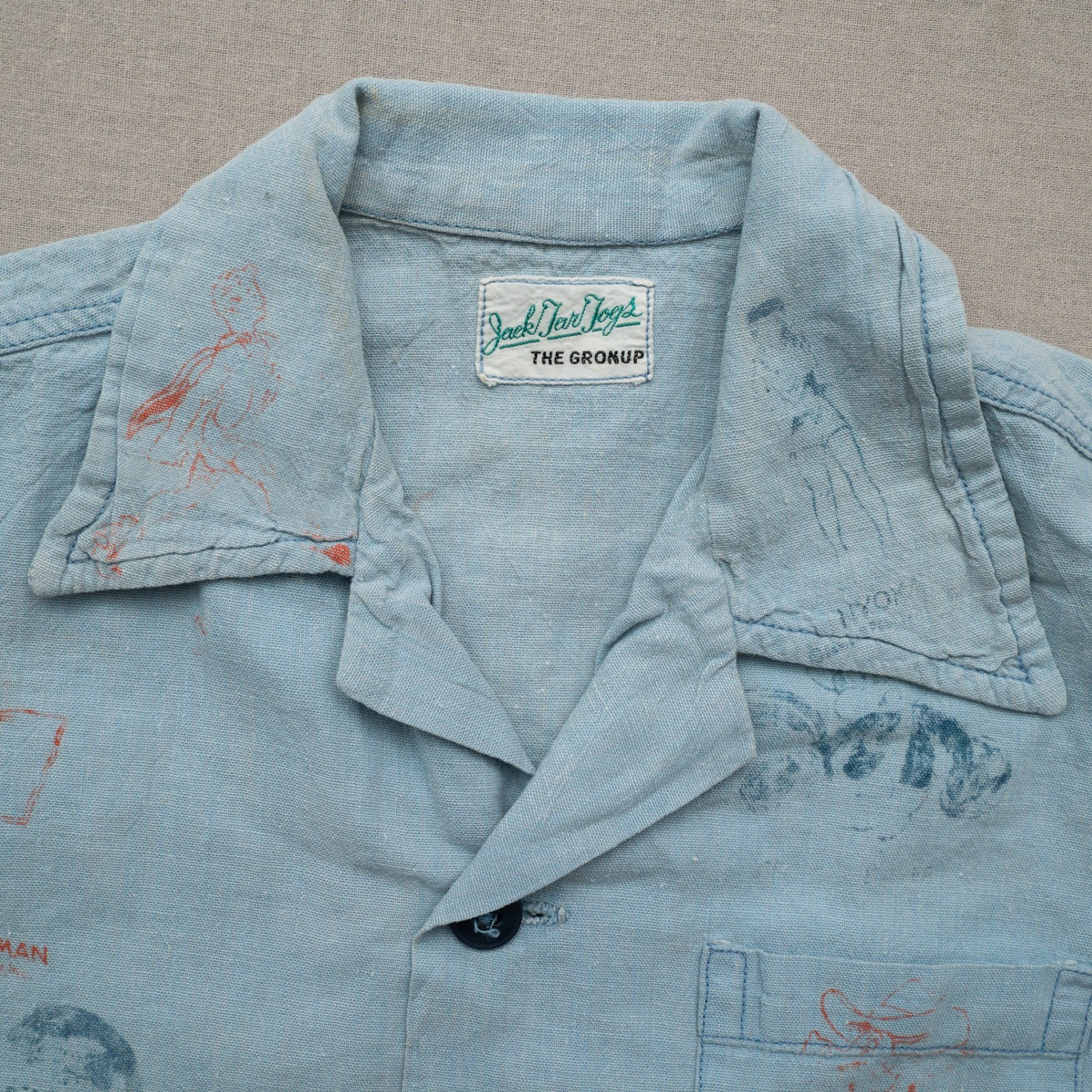 Vintage 50s 60s Jack Jar Togs Gronups Camp Collar Test Print Cartoon Button Up