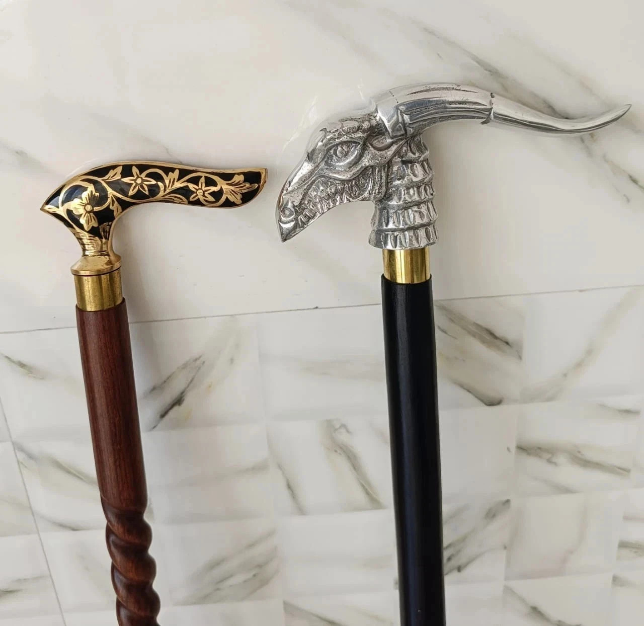 Set of 2 Brass Dragon & Floral Head Walking Sticks Wooden Vintage Gentleman Cane
