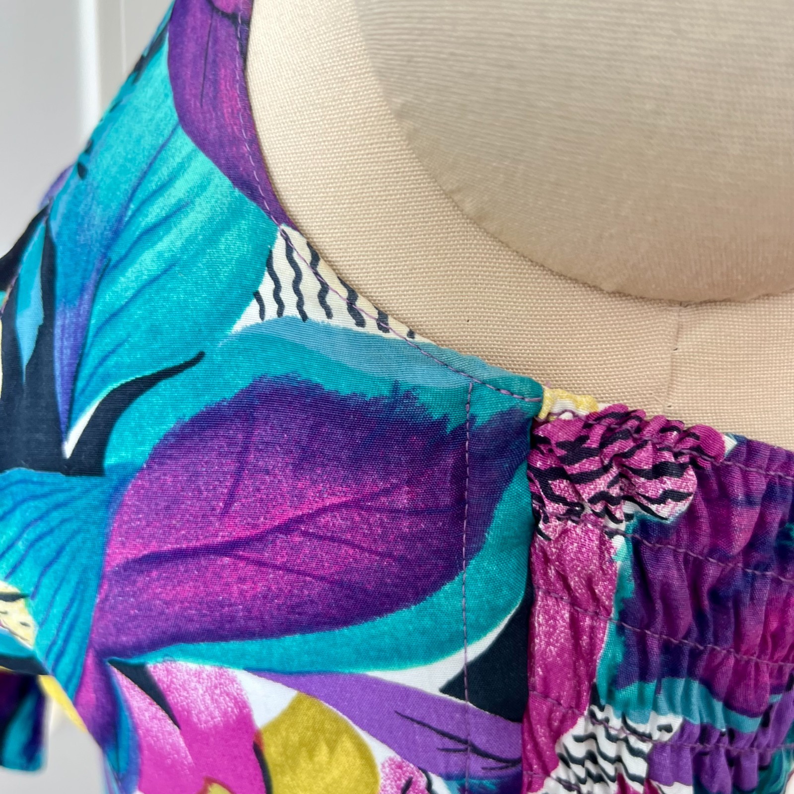 1980s West German Tropical Print Halter Neck Midi Dress Rockabilly 80s Does 50s