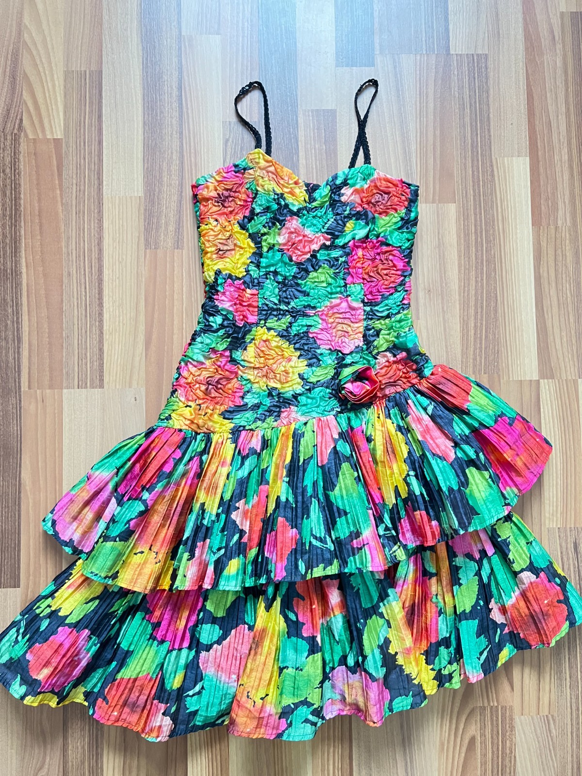 1980s Floral Taffeta Cocktail Party Dress Tiered Retro Prom Evening Gown Retro