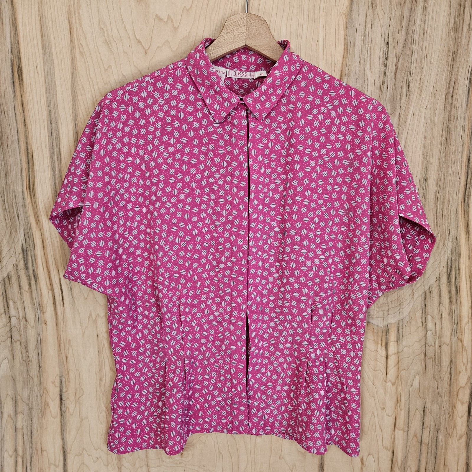 Tess Womens Vintage 80s Pink Blouse Cinched Waist Button Front Sz 10 Runs Small