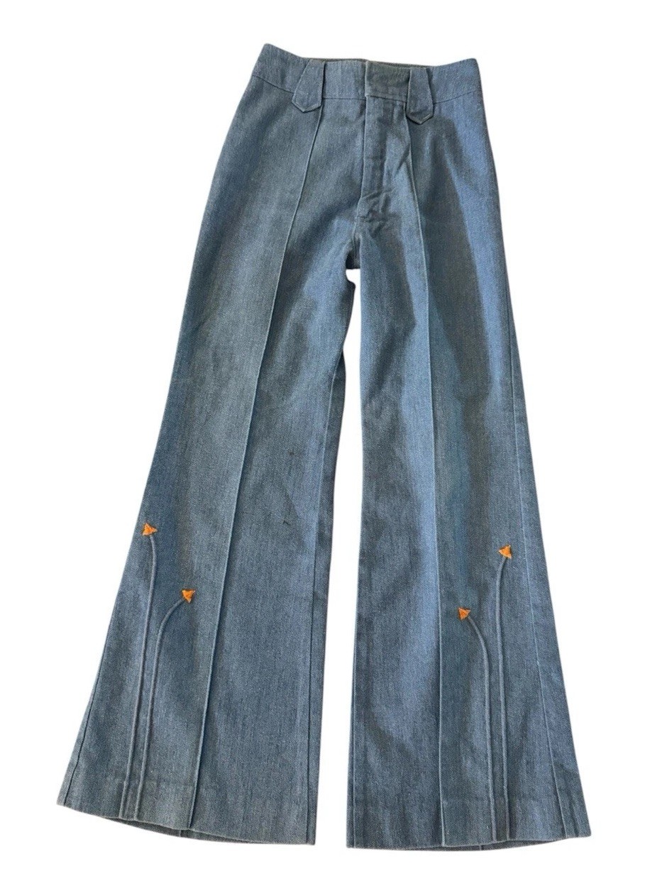 Vtg H Bar C Rancher Blue Wide Leg Jeans 22×28 Bell Bottoms Embroidered 1970s