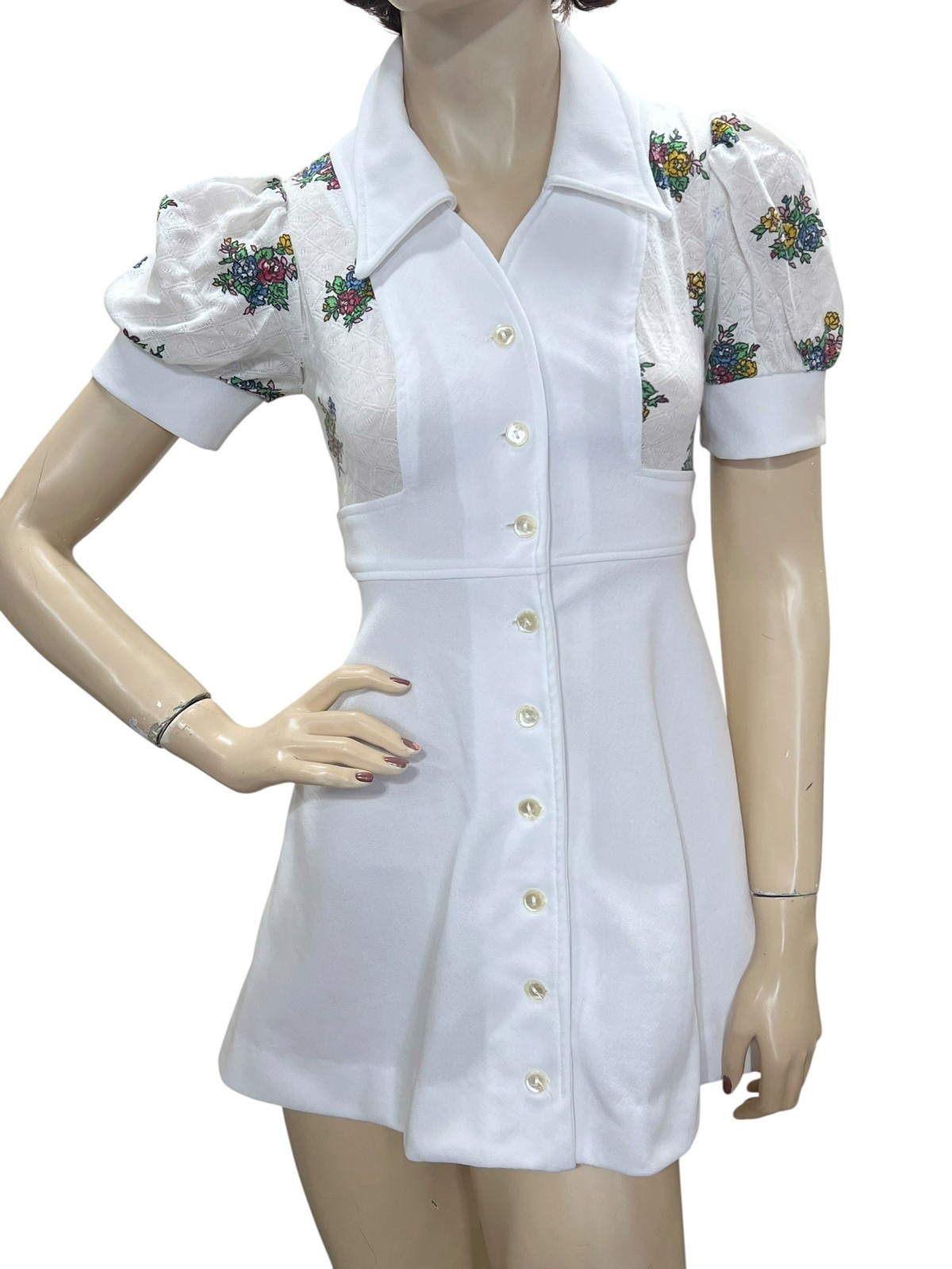 Vtg 60s 70s Sz XS~S MOD Mini Dress White Textured Poly Knit Floral Open Knit
