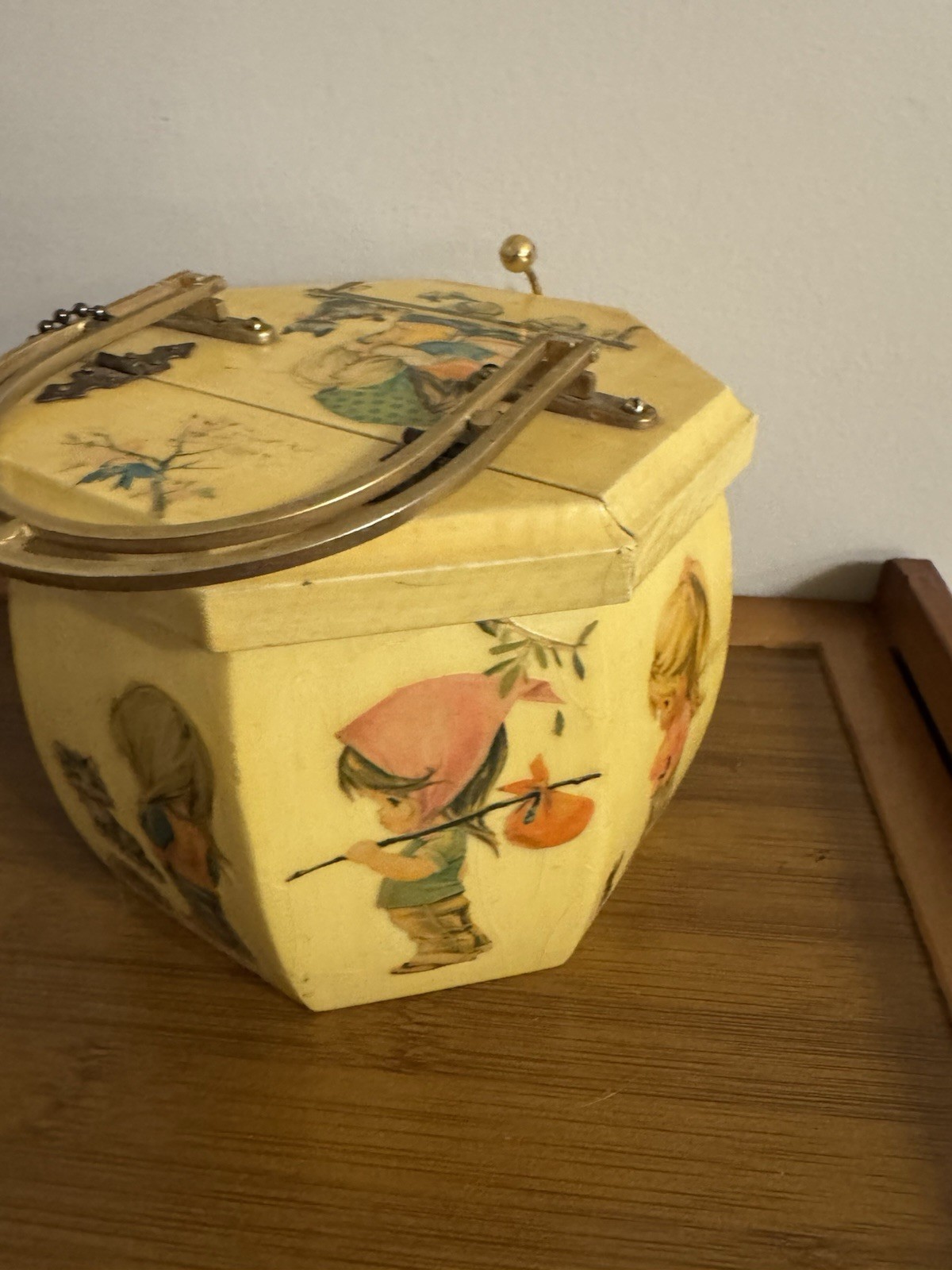 vintage 70s decoupaged wooden box purse classic illustrations by Betsy Clark