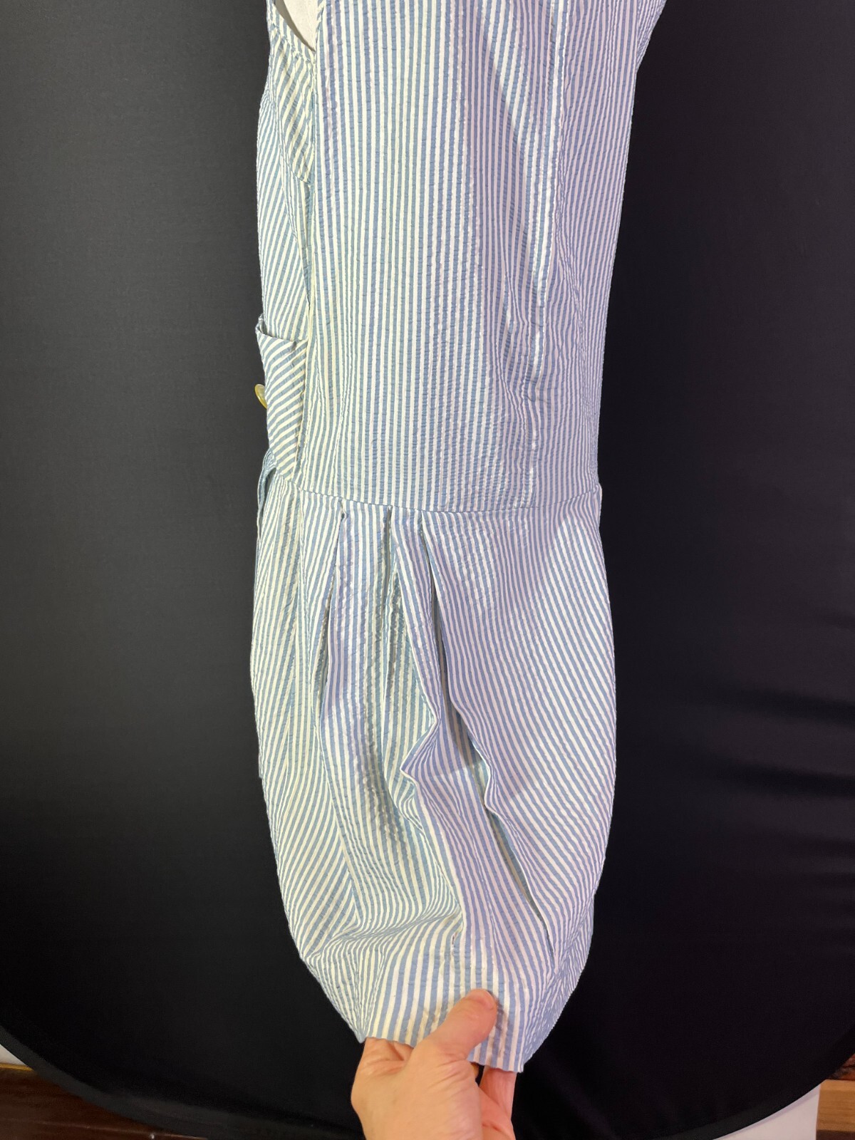 Vintage 70s Sears Size 12 1/2 Blue Stripe Seersucker Dress Sleeveless Drop Waist