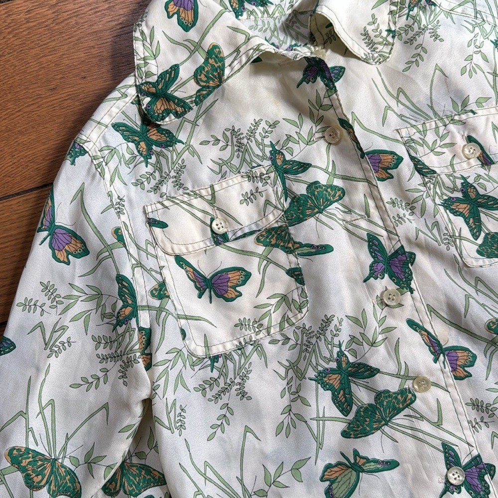 Vintage 2 Piece Butterfly Print Skirt Blouse Dress Button Up Size 6 Novelty
