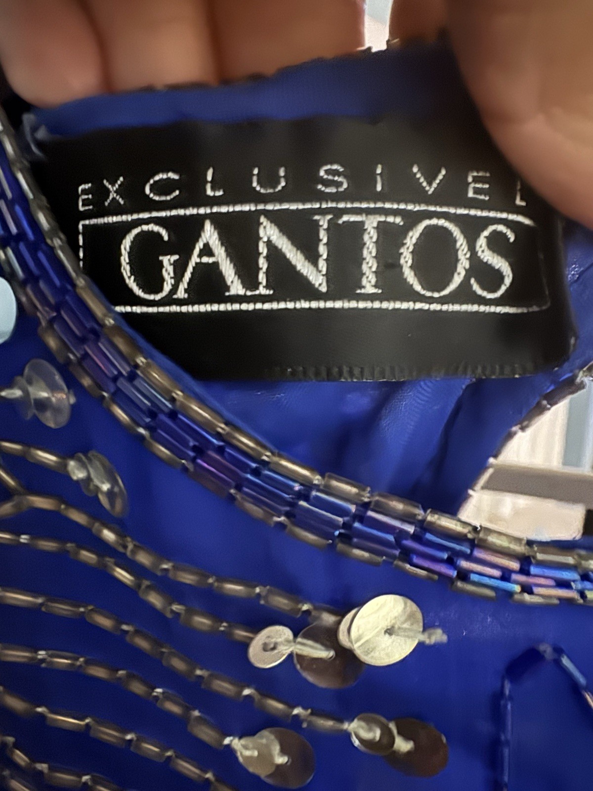 Vintage Gantos Blue 100% Pure Silk Sequin Short Sleeve Cocktail Dress Size Small