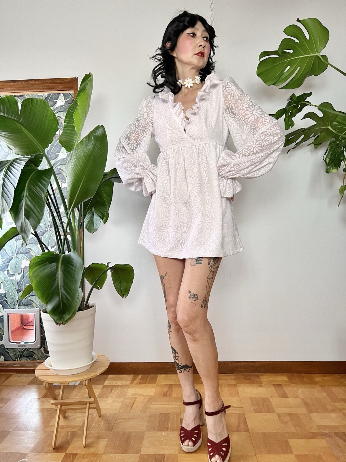 60s Mod Flocked Daisy Mesh Babydoll Mini Dress Sheer Balloon Sleeve Wedding XS/S