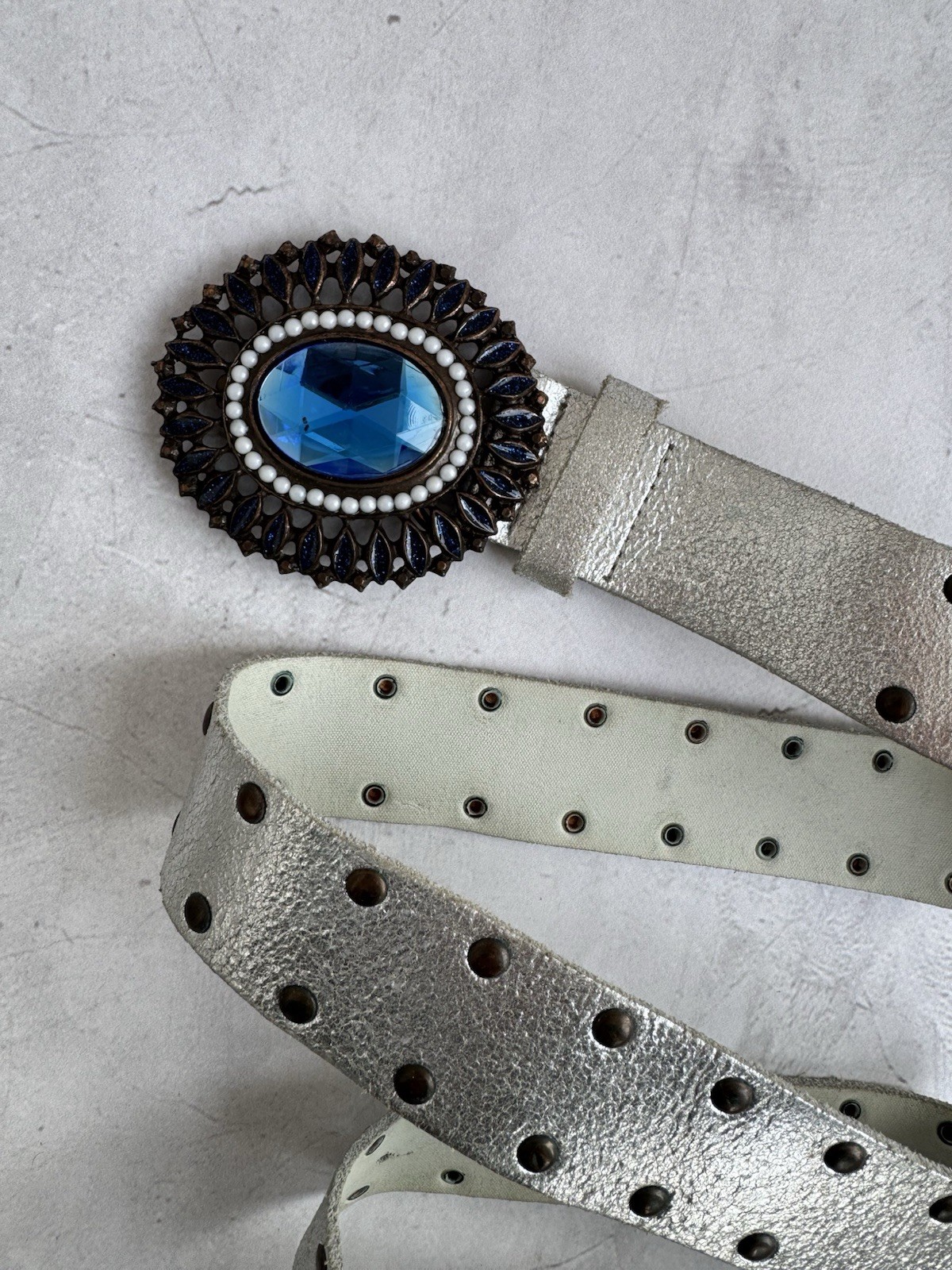 United Colors of Benetton Silver Leather Belt Blue Gem Studded Vintage