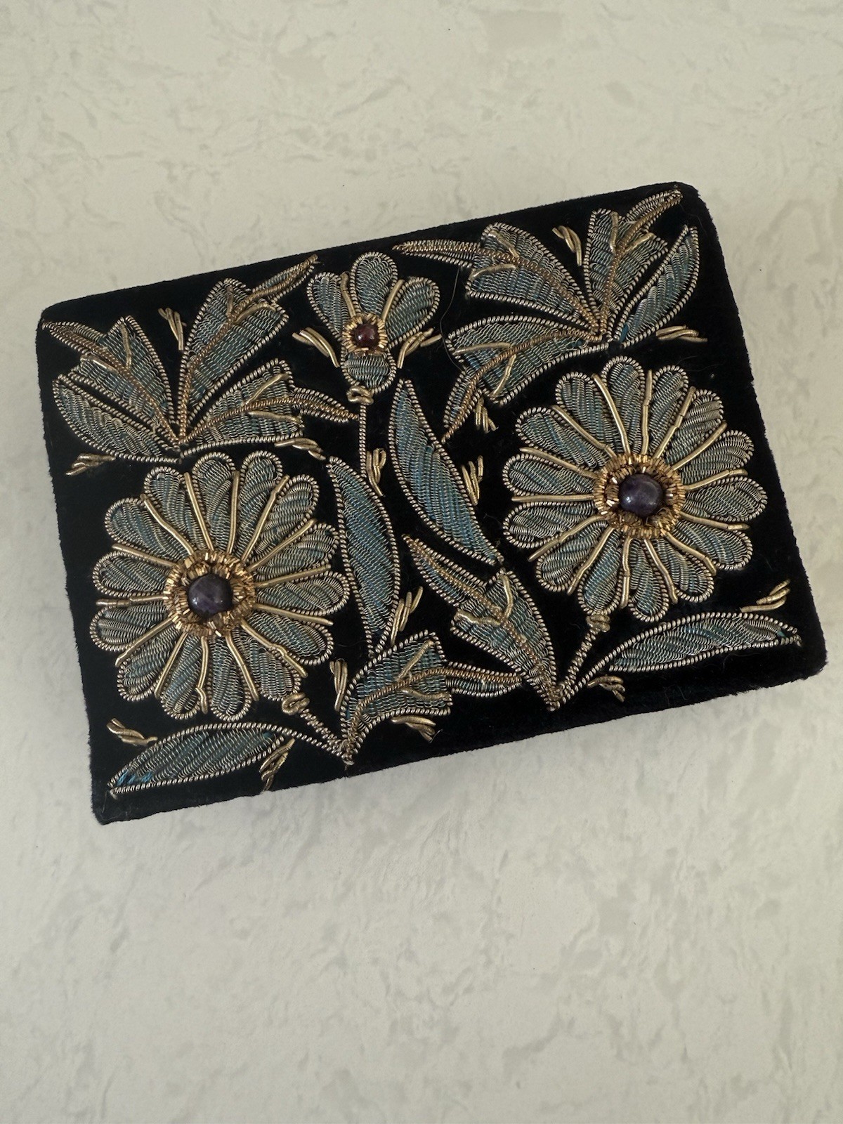 Vintage Black Velvet Zandozi Gold work Clutch , Made India, New, 4’x 3’x0.5’.