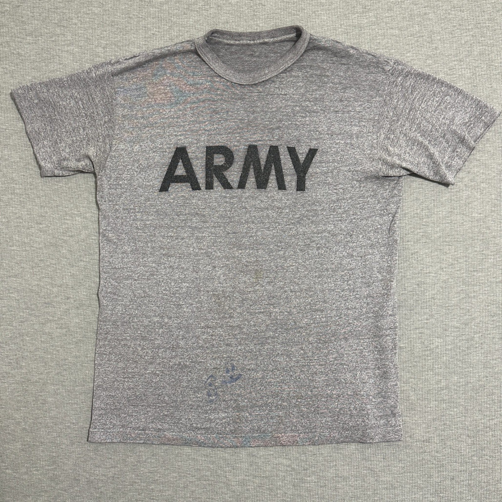 Vintage US Army PT Training T-Shirt Gray Heather Single Stitch Large to XL