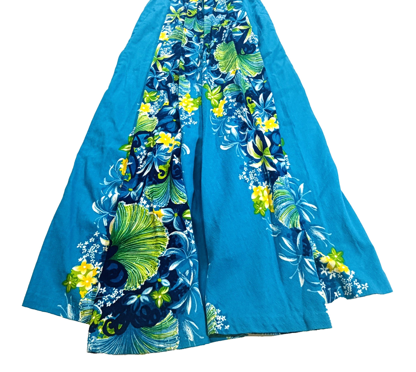 VTG Women’s Hawaiian Togs Blue Floral Barkcloth Pleated Train Maxi Dress Sz XS