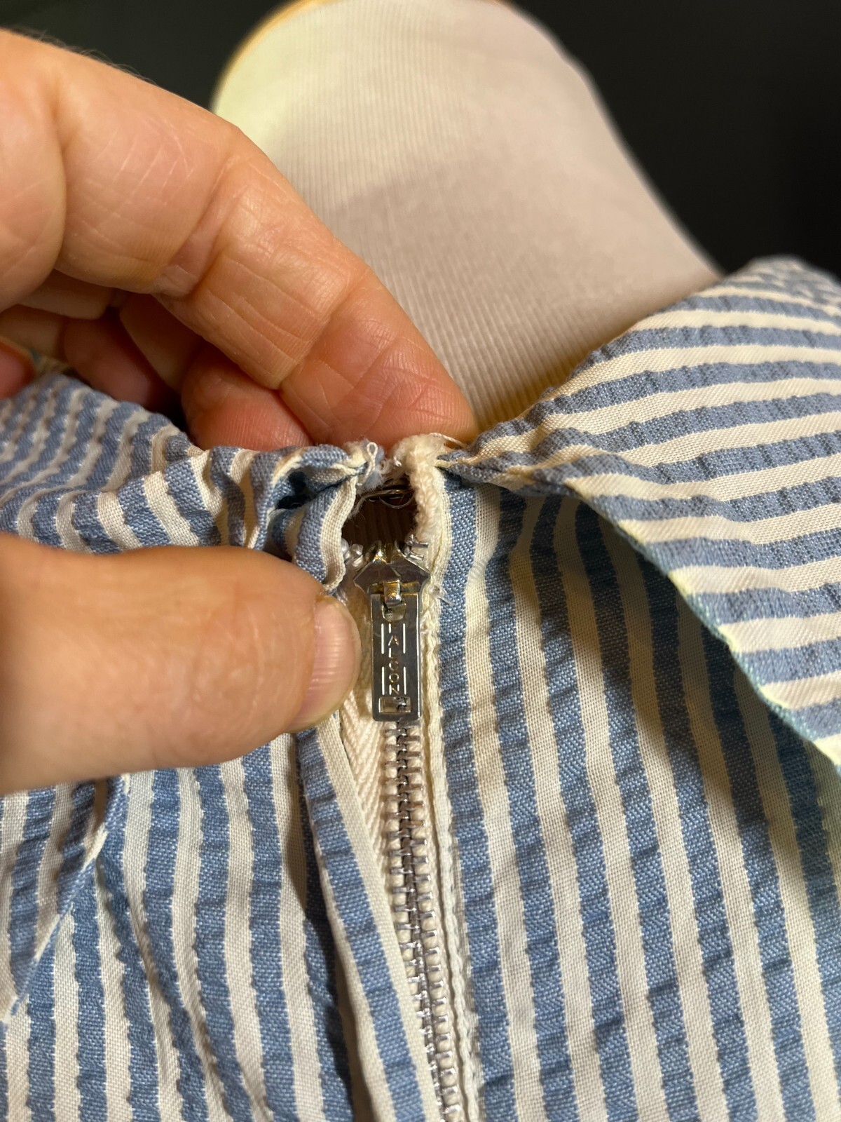 Vintage 70s Sears Size 12 1/2 Blue Stripe Seersucker Dress Sleeveless Drop Waist