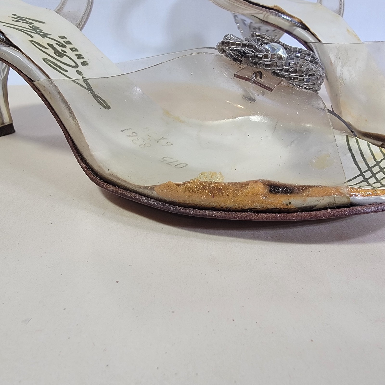 Vtg 1950s Carved Lucite & Rhinestone Heels on Clear Lloyd/Haig Shoes Sandals Sz6