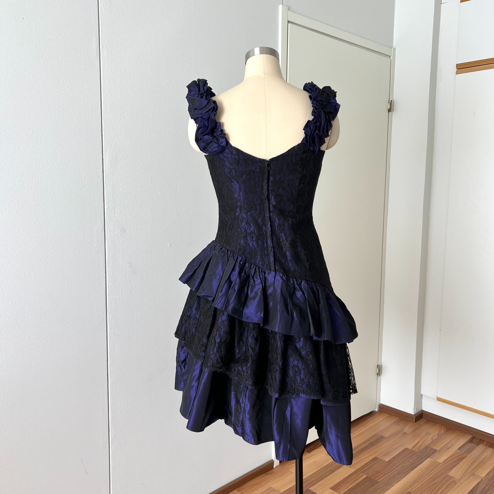 1980s Taffeta Cocktail Party Dress Asymmetrical Hem Cocktail Tiered Evening Gown