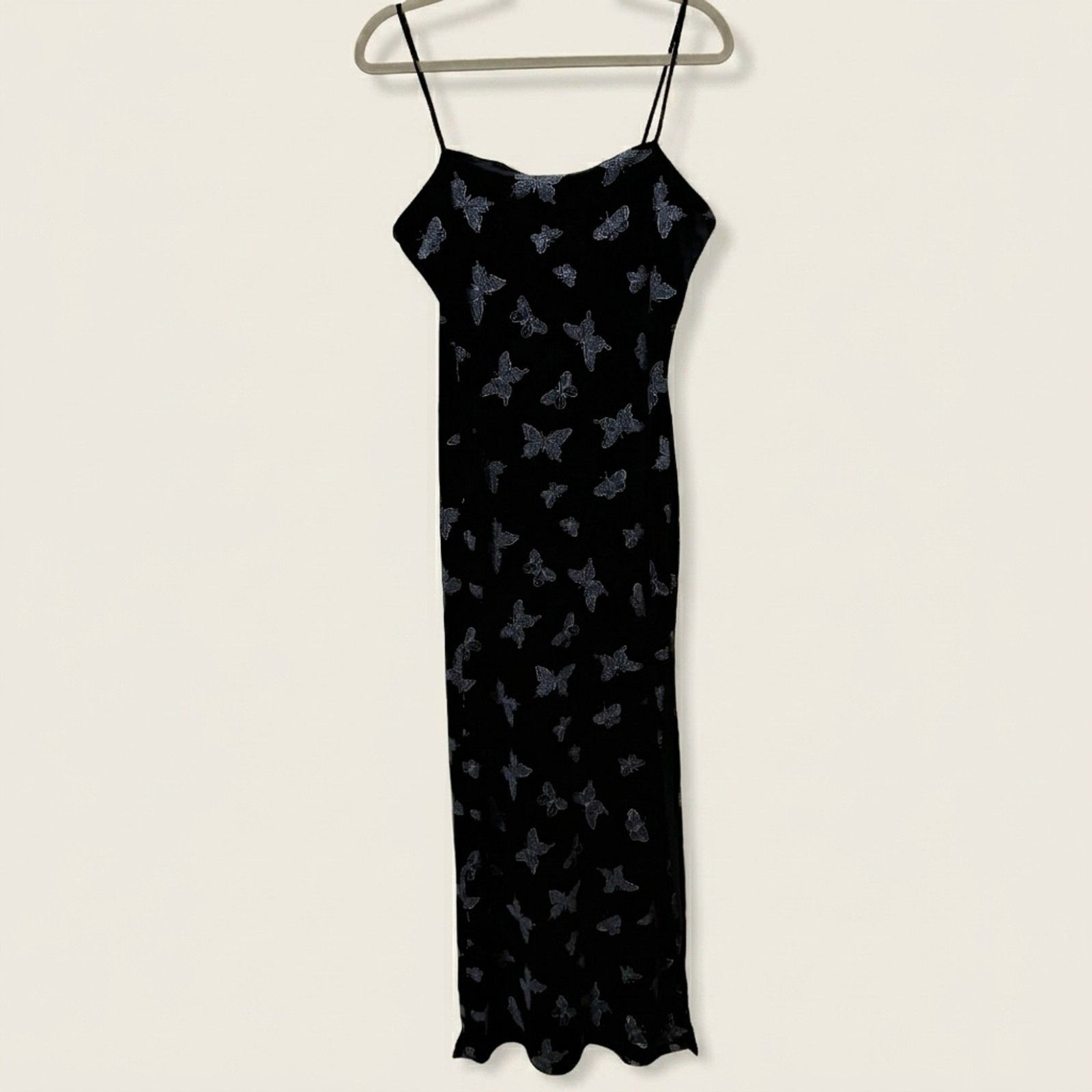 Vintage 90s Chesley Black Velvet Butterfly Maxi Slip Dress Size L