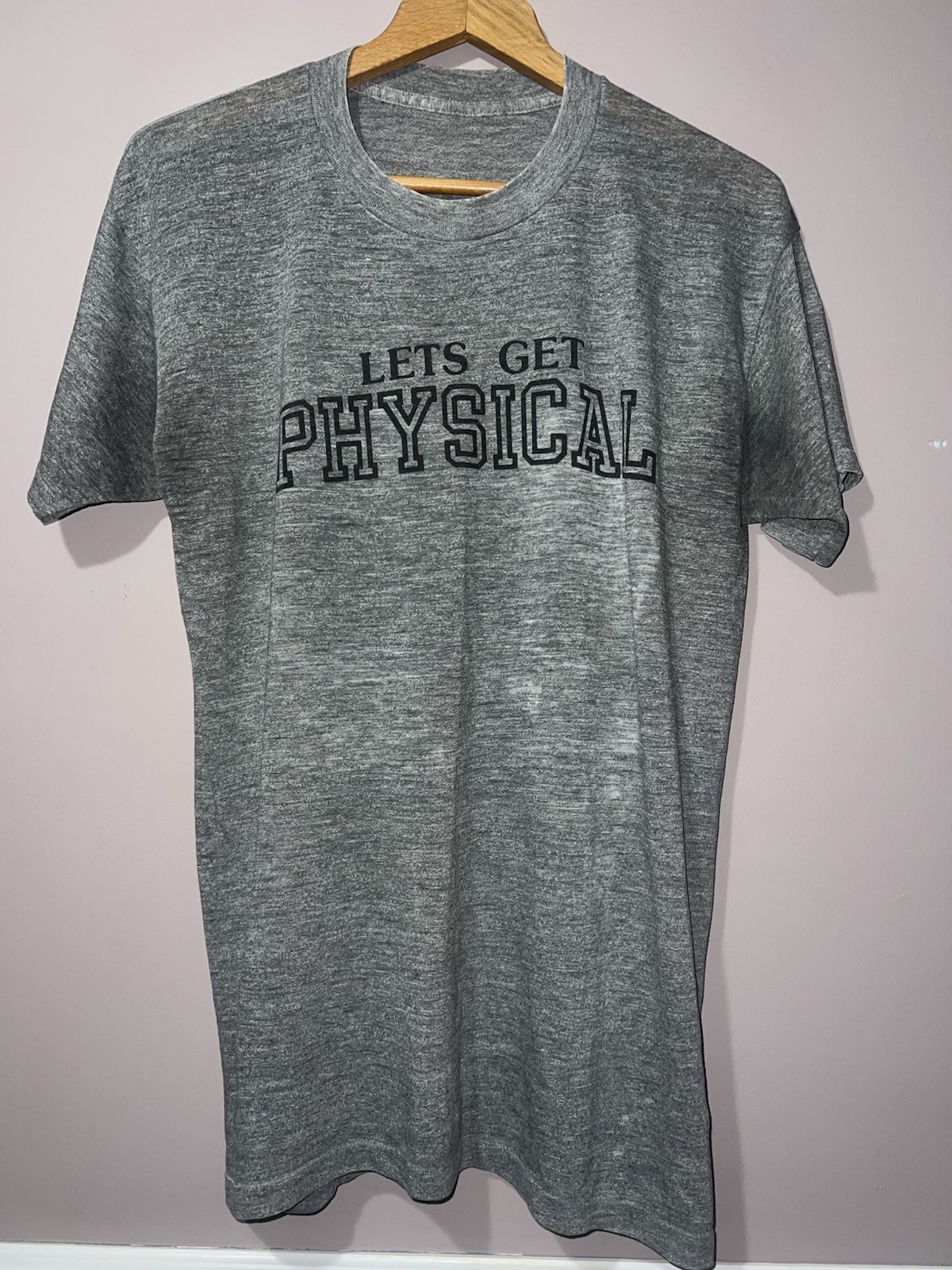 VINTAGE BEAT DOWN PAPER THIN LETS GET PHYSICAL RAYON TRI BLEND SHIRT