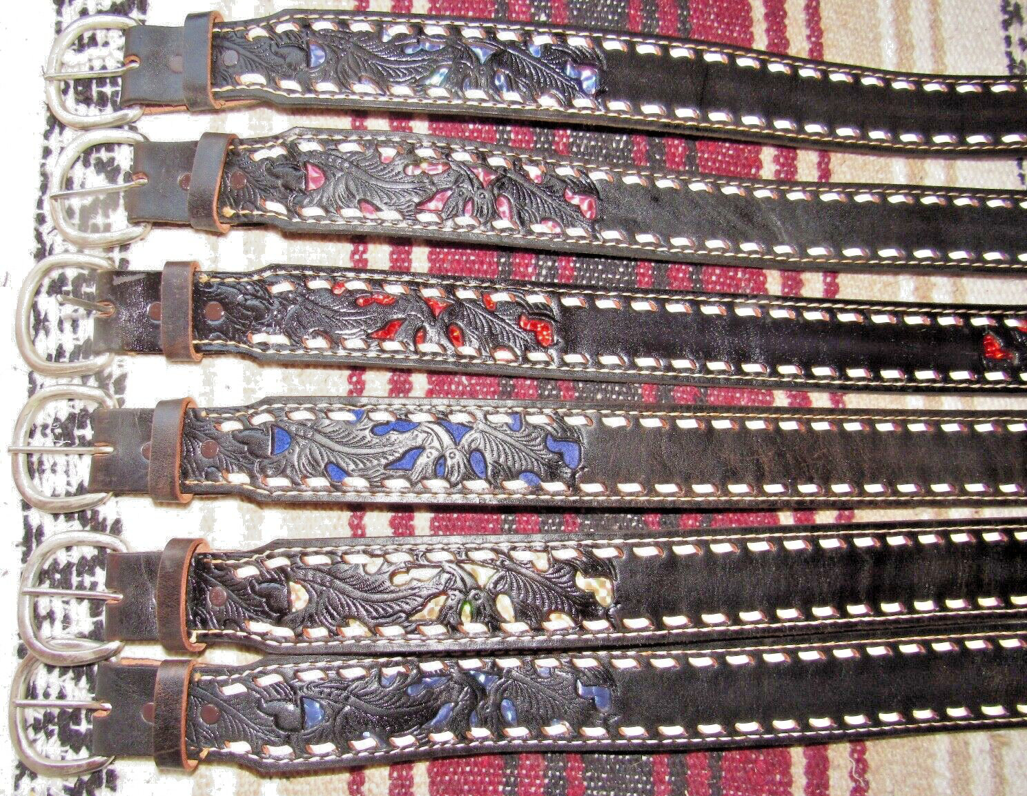 Viintage C&M Co Western Buckstitch Inlaid Black Leather Belts 6 pc Size 28 NEW