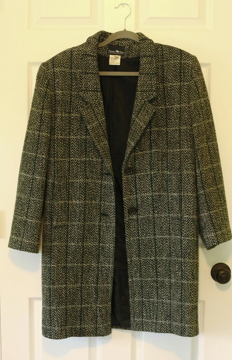 VTG HUNTERS RUN Womens Sz 5/6 Plaid Gray Tweed Coat Jacket Wool Blend Romania