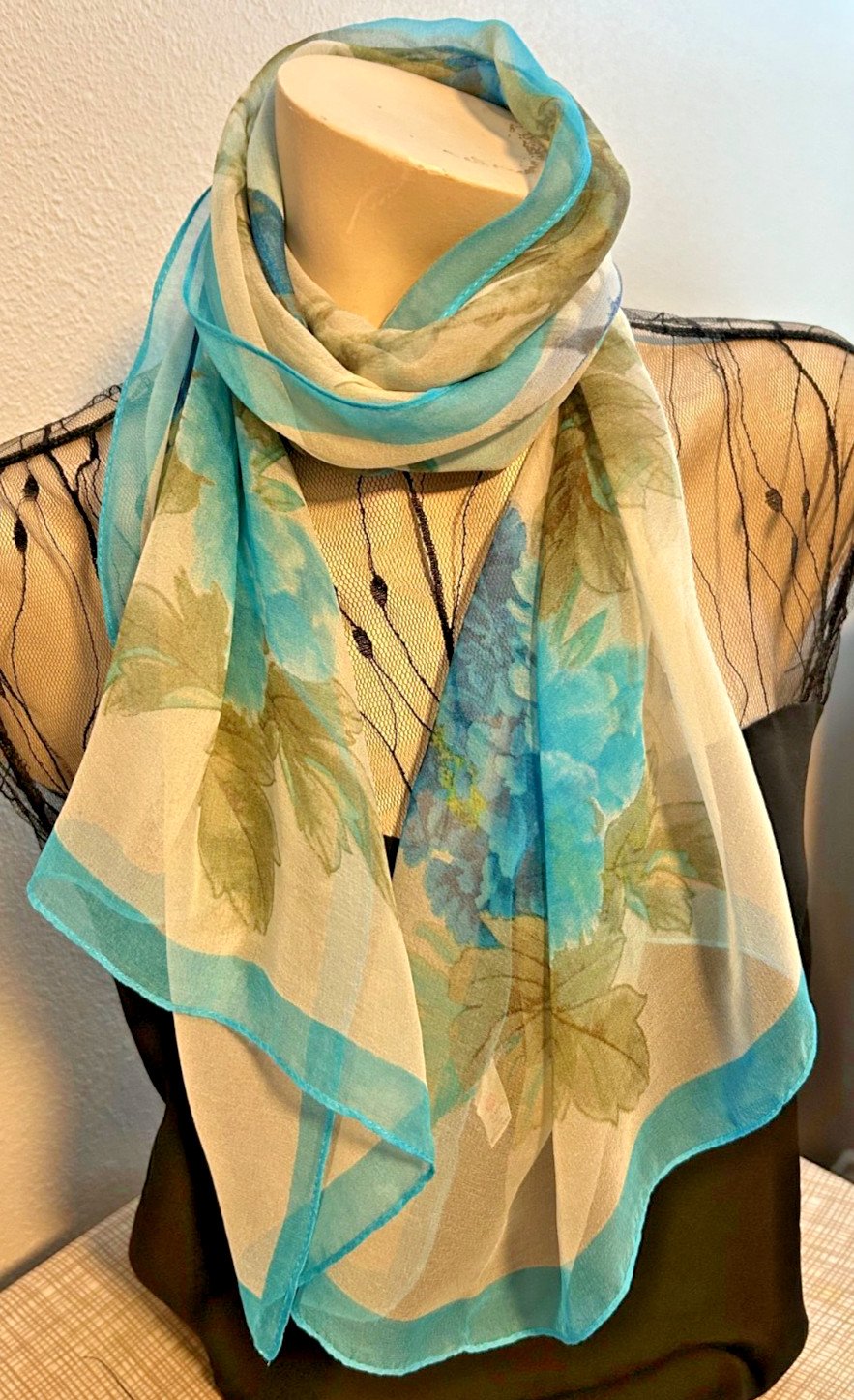 New Vintage 20 x 64 Inch Large, Blue, White, Sheer Rectangle Scarf – Poly- VS-71