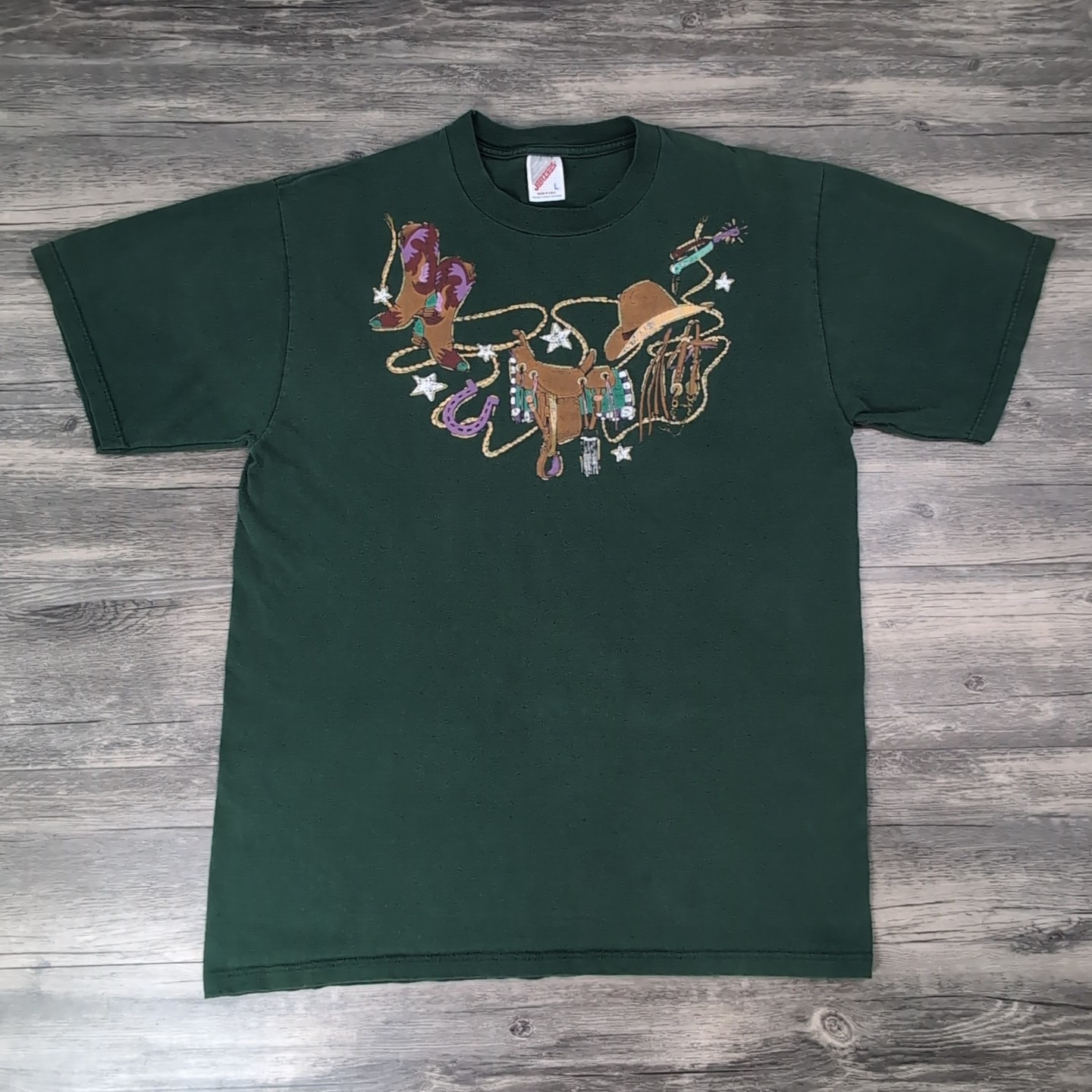 VINTAGE 90s Western Equestrian Graphic T-Shirt Women’s Large Jerzees USA Rodeo