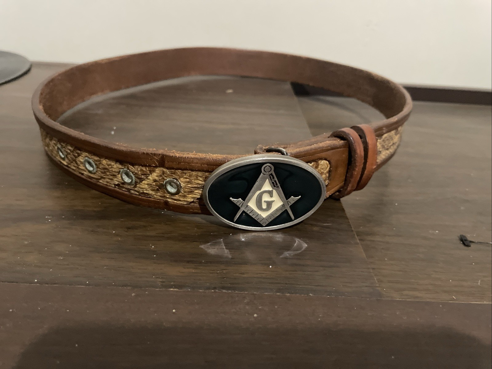 Freemason Leather Belt Reptile Pattern Green Enamel Buckle 41 In Long