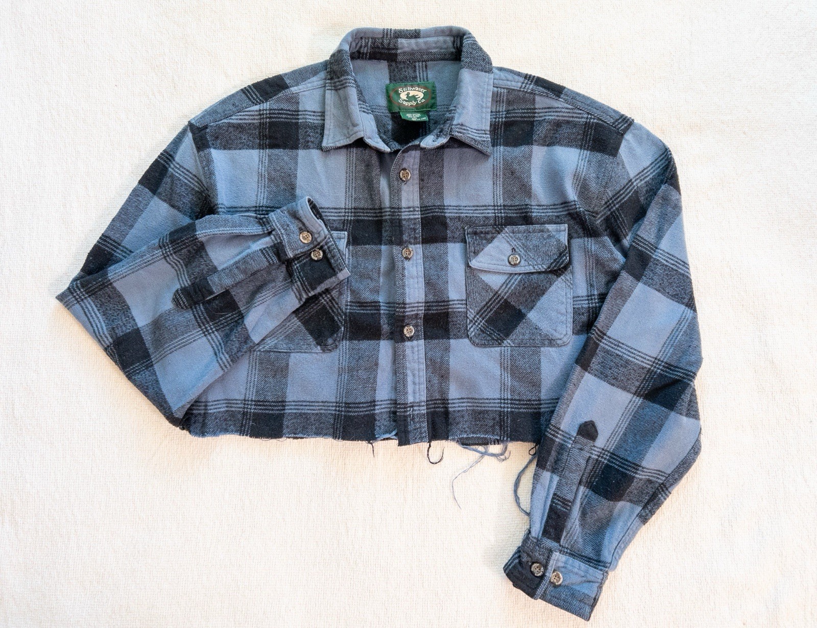 Stillwater Supply Co Cropped Flannel Shirt Womens Large Blue Plaid Raw Hem Y2K