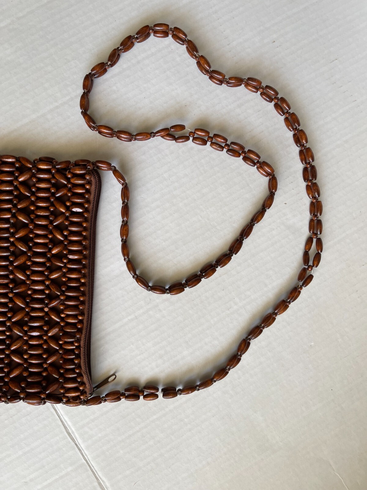 Vintage Scala Wooden Beaded Shoulder Bag Fabric Lining Inner Zip Pocket 9″x9″