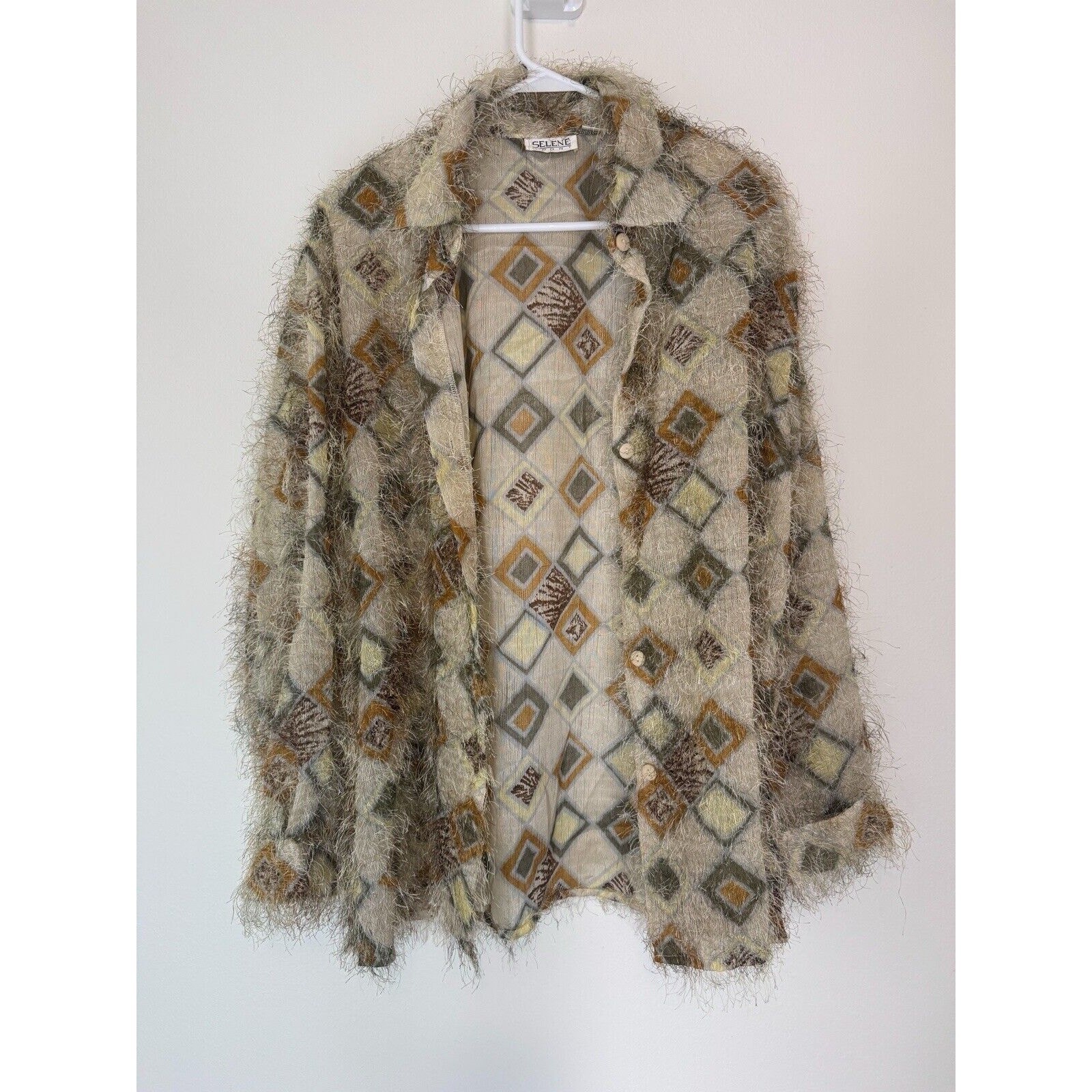 Vintage Art Deco Top Women’s XL Retro Fuzzy Eyelash Detail Shirt Geometric