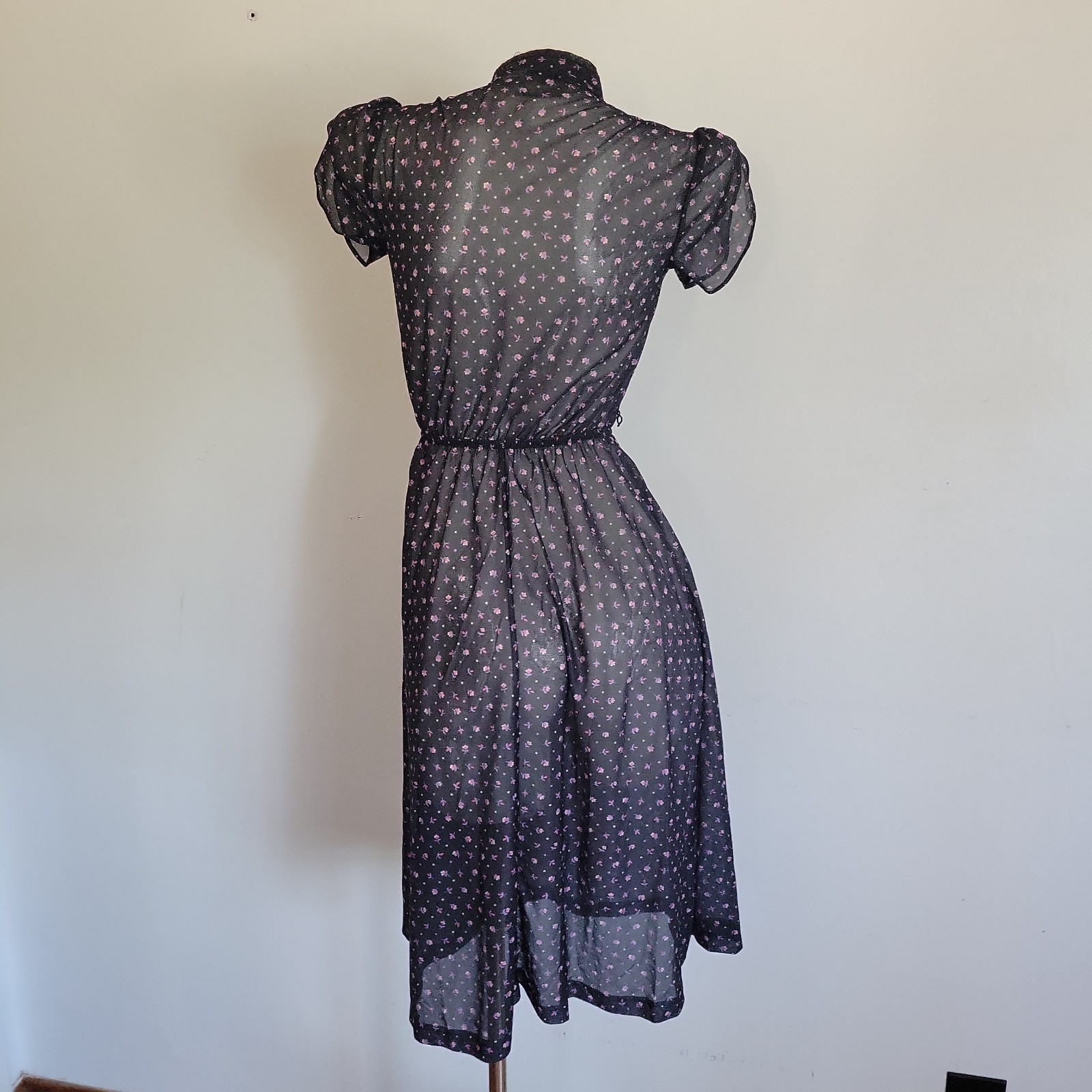 Vintage Midi Prairie Dress Overlay Sheer Ditsy Floral XS/Small Cap Sleeve