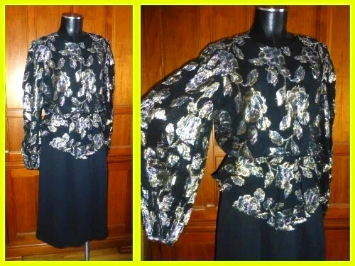 Vtg 80s METALLIC Lurex Lame Burnout Chiffon Balloon Slv Peplum Evening DRESS L