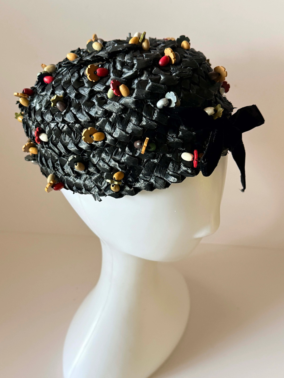 1950s Miss Sally Victor Black Raffia Pillbox Hat Wooden Bead Trim Vintage