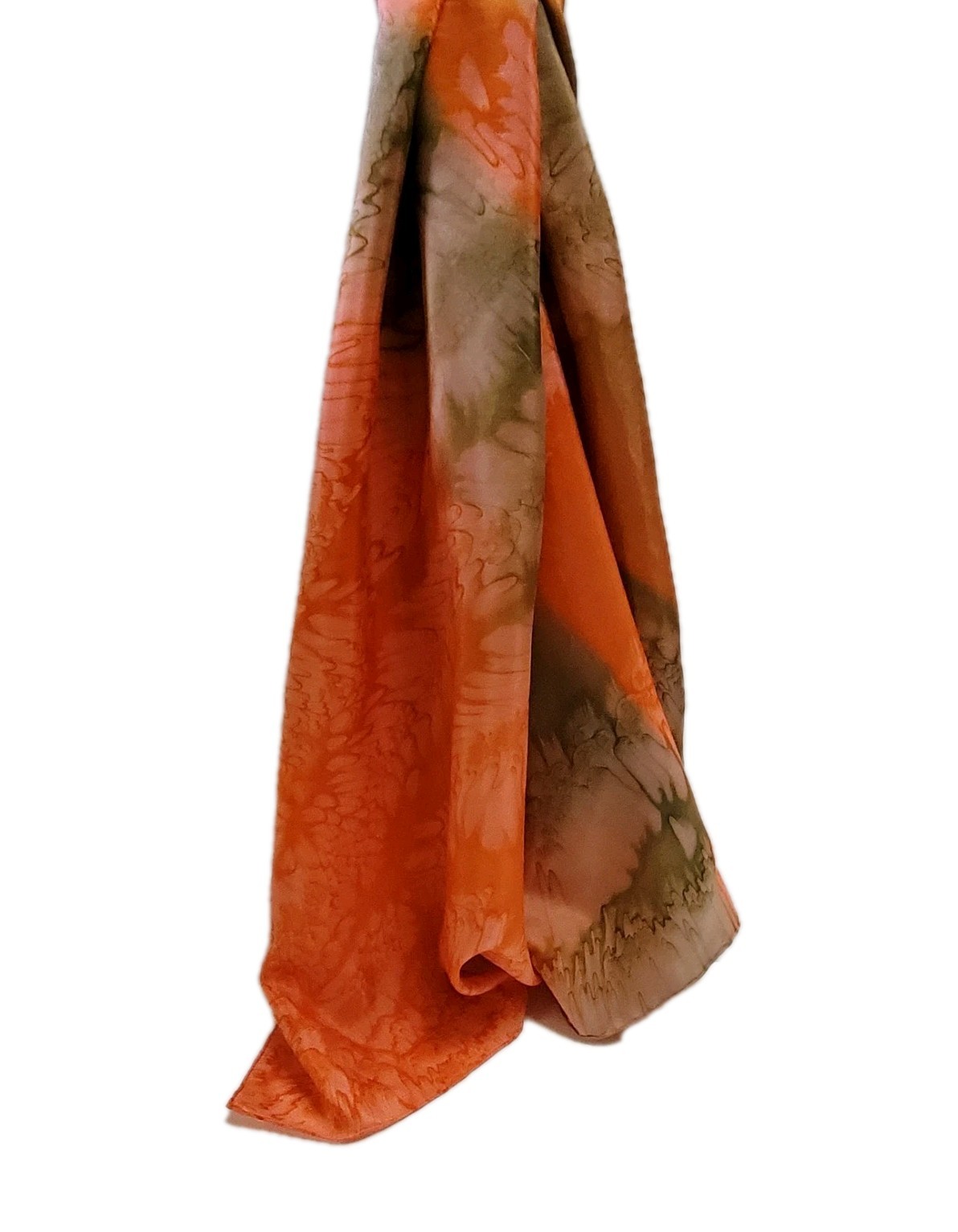 Silk Scarf Orange, Green, Signed Hand Dyed Tie Dye Art to Wear 35.5” x 35” EUC
