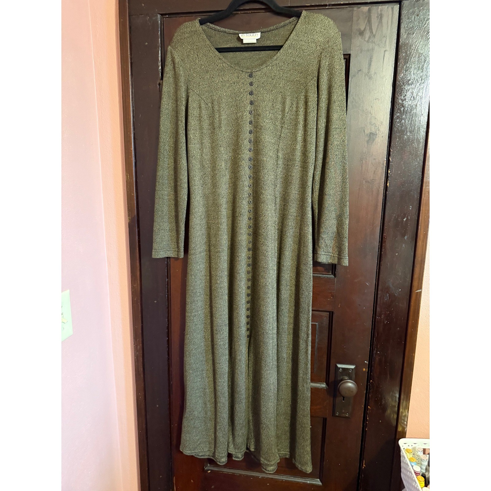Vintage In Touch Grey Marled Knit Button Front Maxi Dress Womens Shoulder Pads
