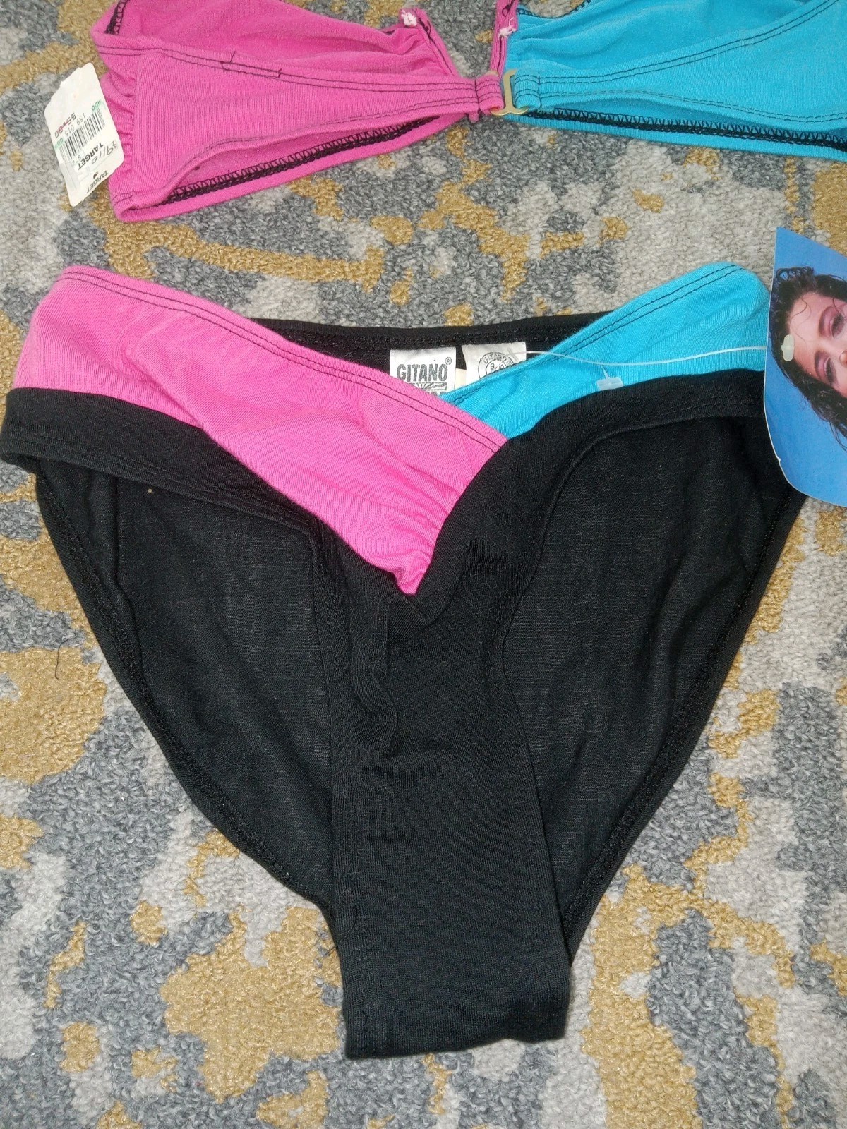 Vtg Gitano Sunkiss 80s Bikini 2 pc High Strip Swim Suit Black Blue Pink Sz 9/10