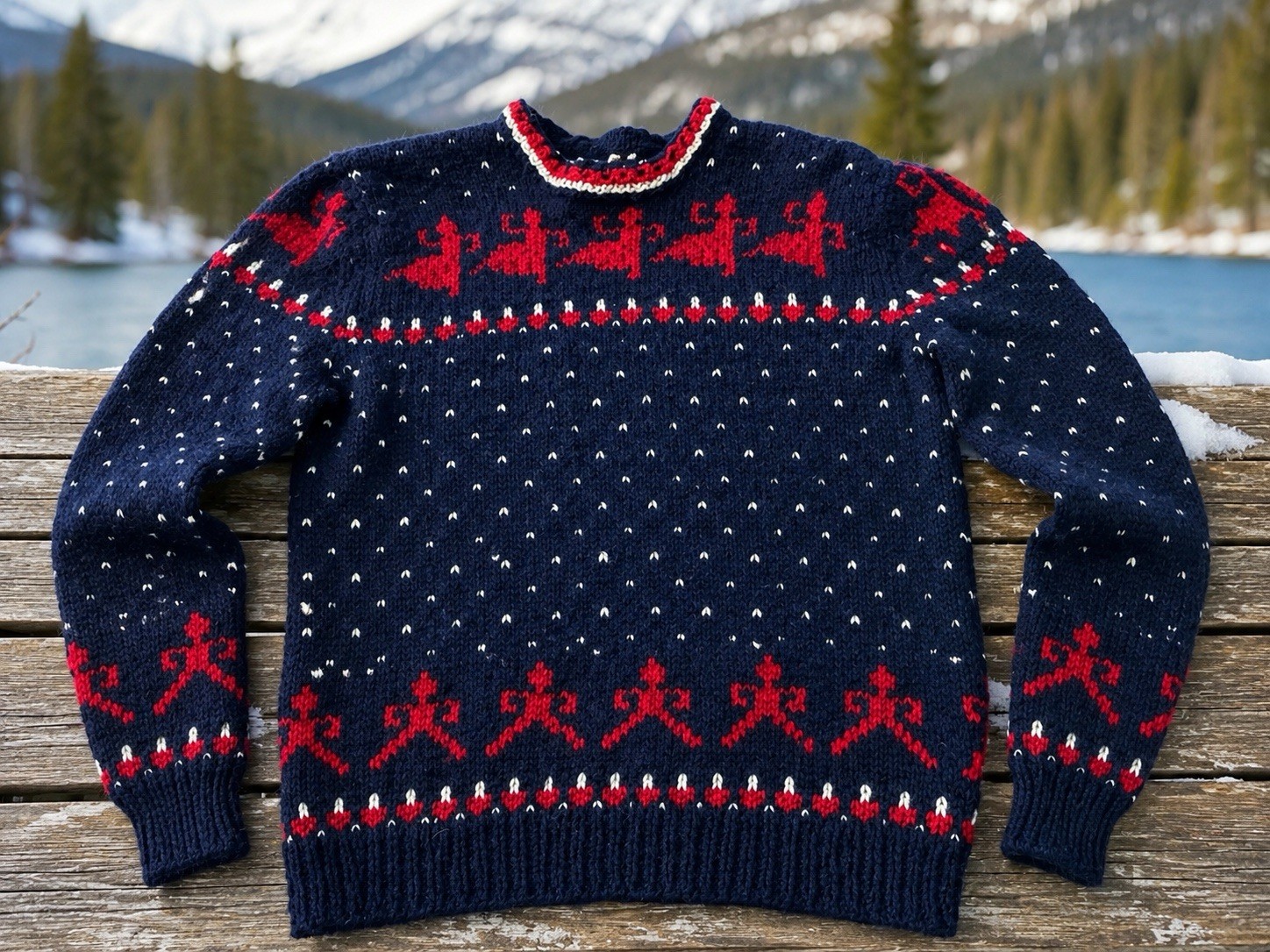 Vintage Norwegian Hand Knit 100% Wool Navy Red Pullover Sweater Sz S