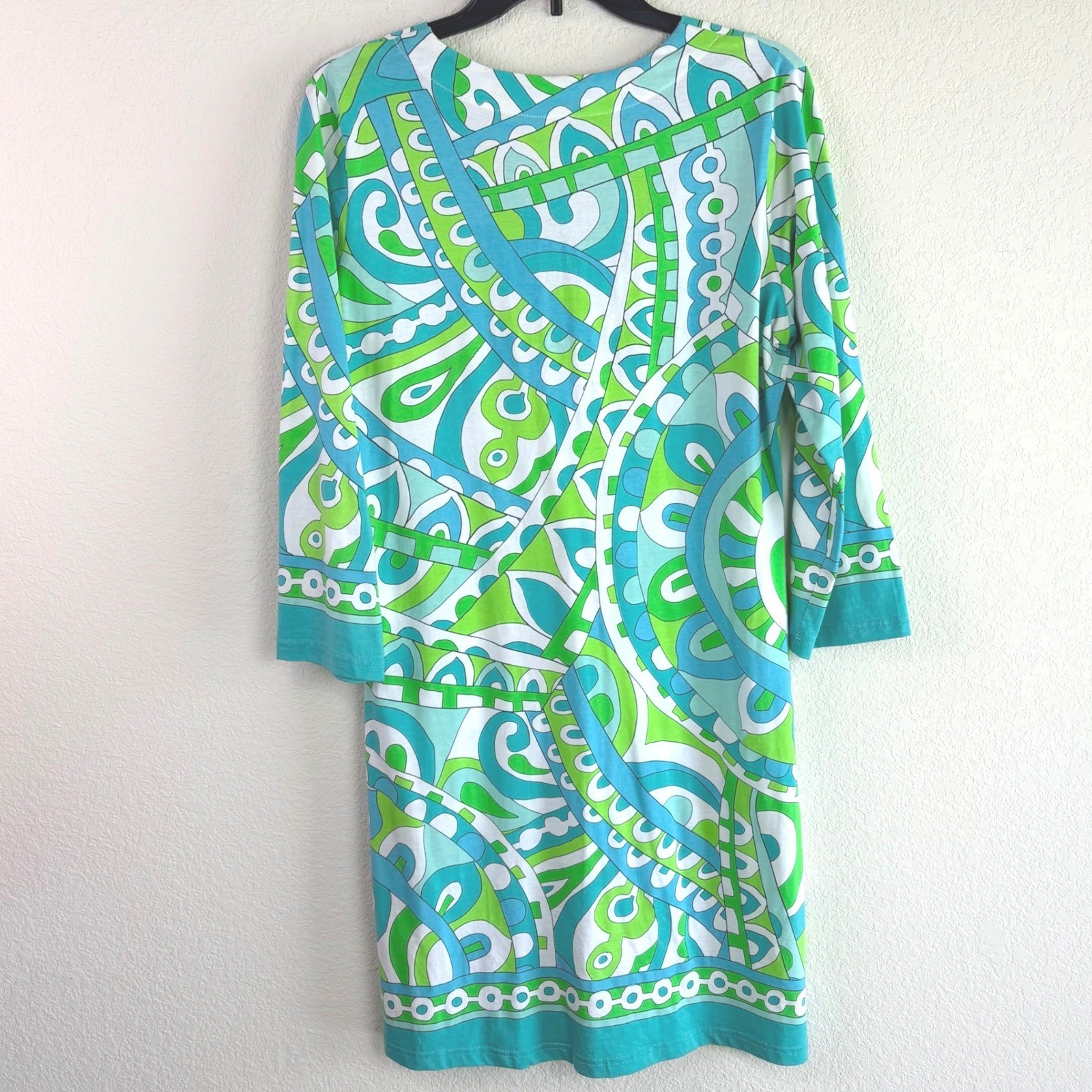 Barbara Gerwit Large Green Blue Geometric Tunic Dress V-Neck 3/4 Sleeve Mod