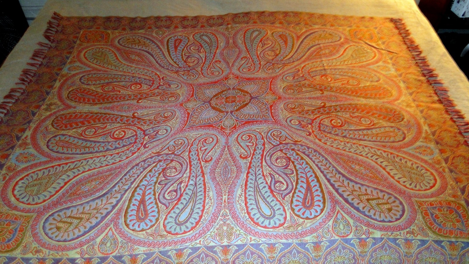 Elegant Vintage Paisley Wool Shawl Large Scarf or Throw Fringe India
