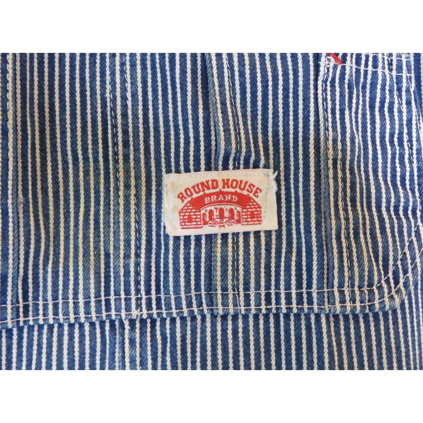 Vintage Round House Bib Overalls 38×32 Blue White Striped Straight Leg Outdoor