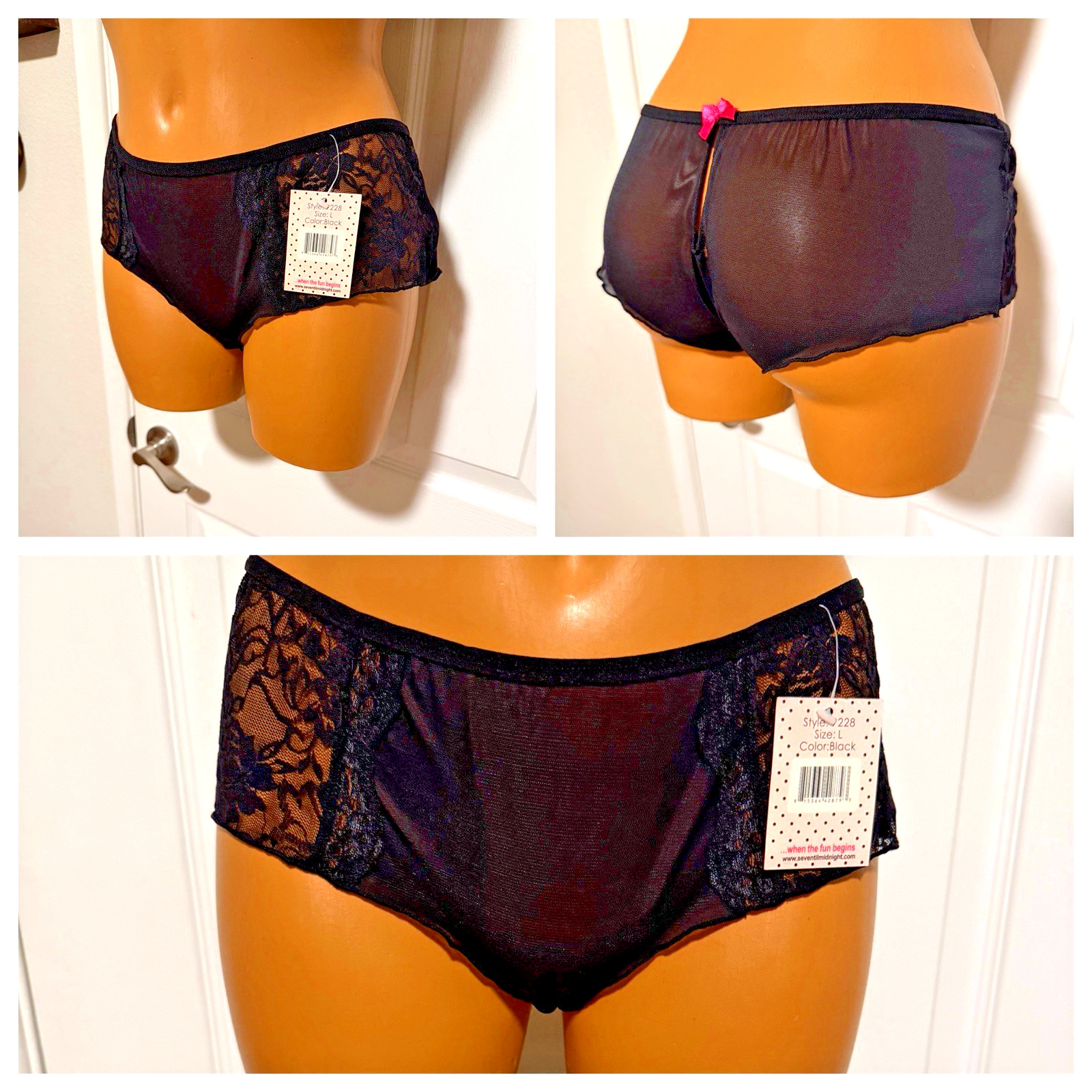 VTG Y2K SEVEN ‘TIL MIDNIGHT BLACK W/ LACE INSETS HIP HUGGER BIKINI PANTIES SZ L