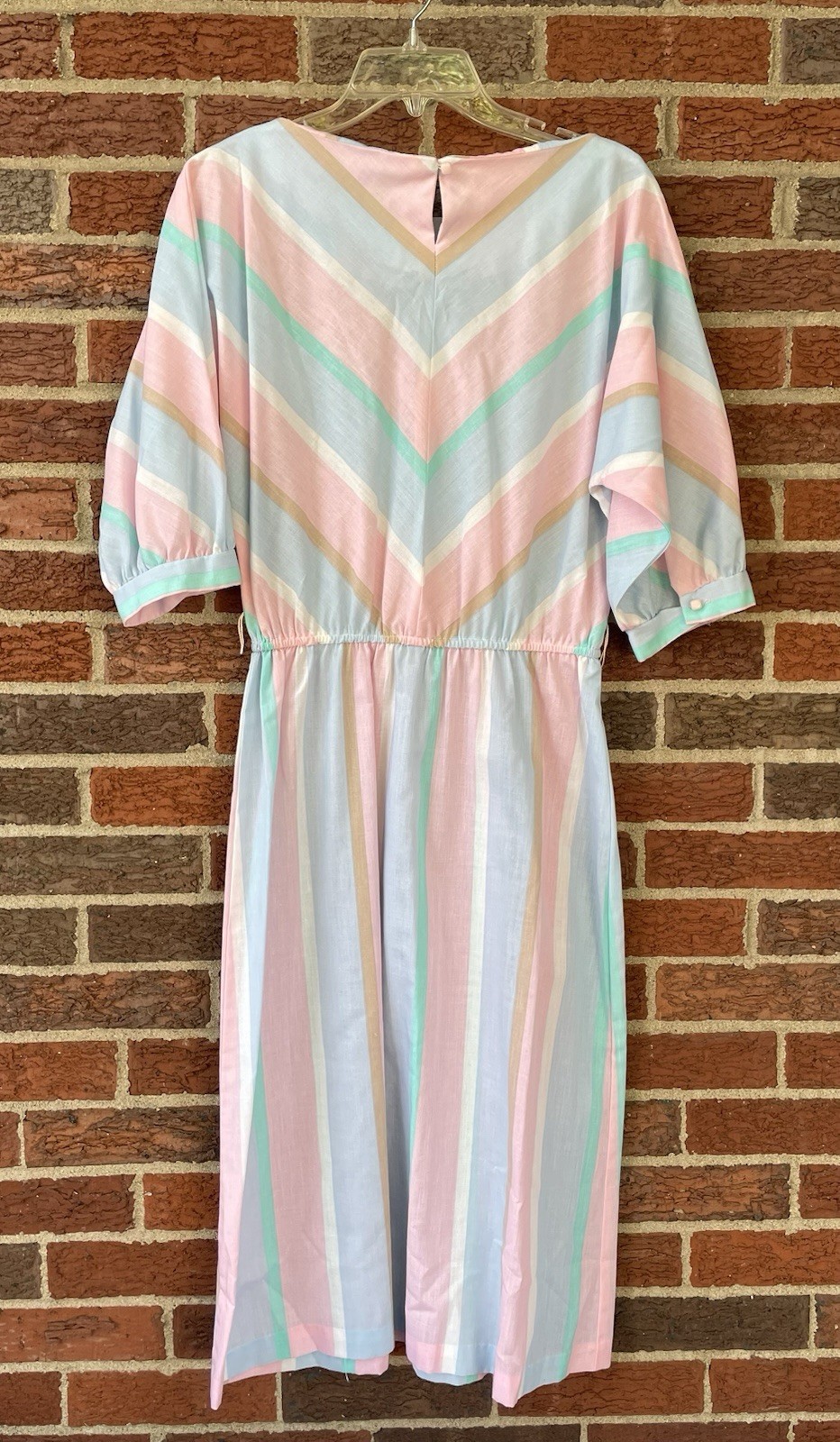 VTG Retro 1980s Pastel Chevron Striped Blouson Midi Cotton Shirt Dress md/lg