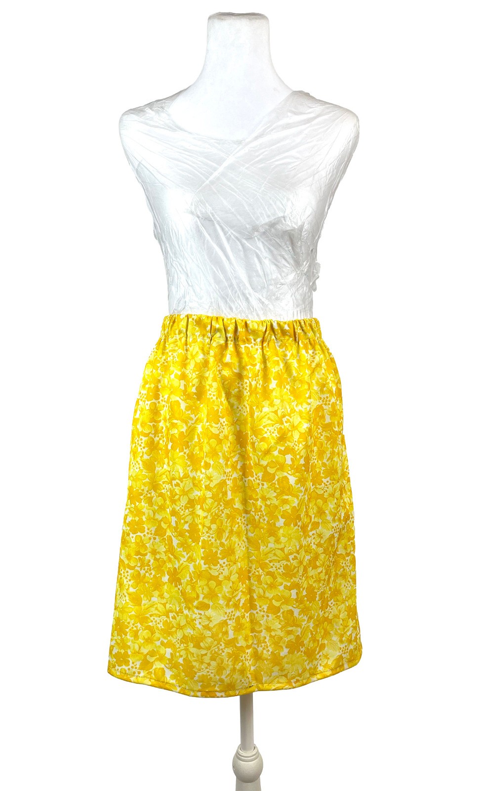 Vintage Handmade Yellow Floral Elastic Waist Midi Skirt Cottagecore 60’s / 70s